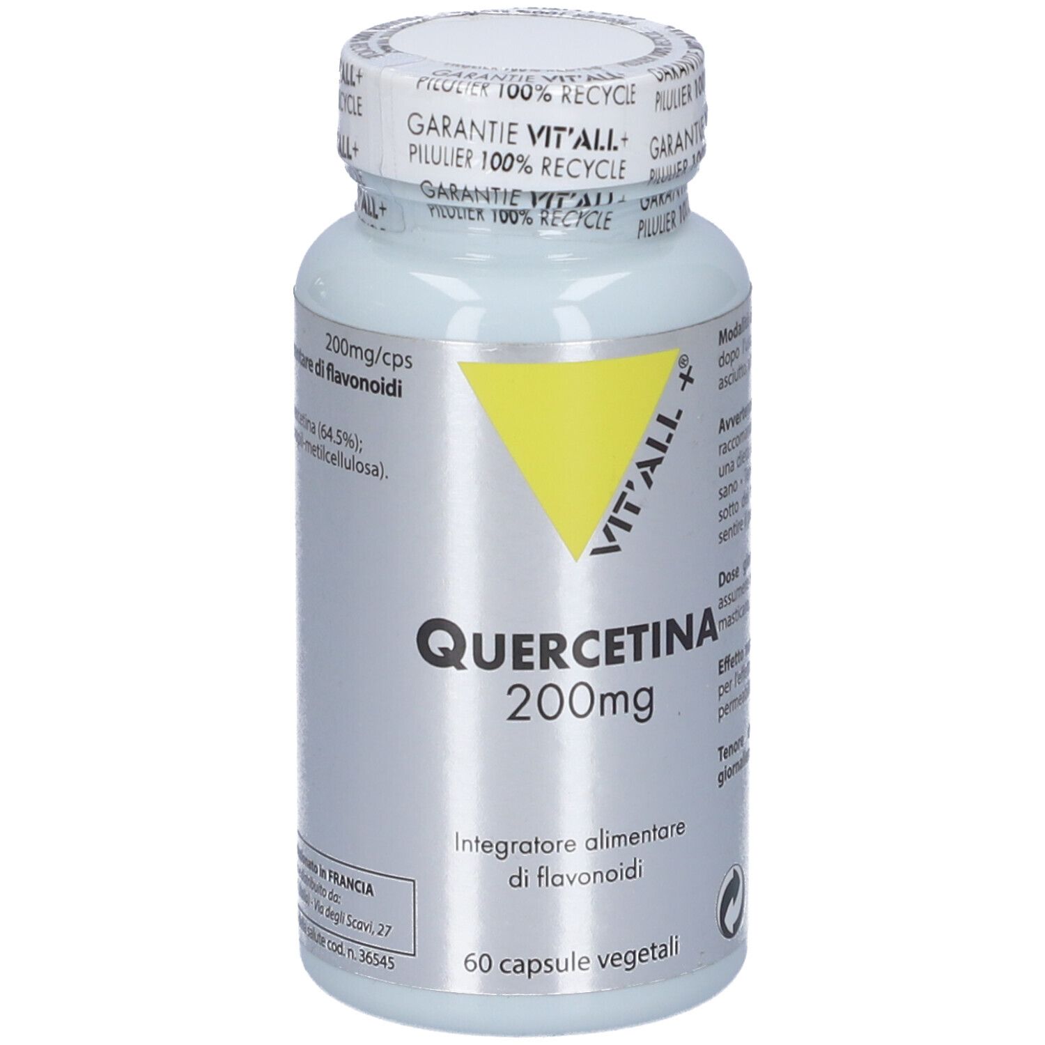 Flacone di capsule. Fronte con testo. Quercetina 200mg. 60 capsule vegetali. Marchio Vit'All+. Triangolo giallo.