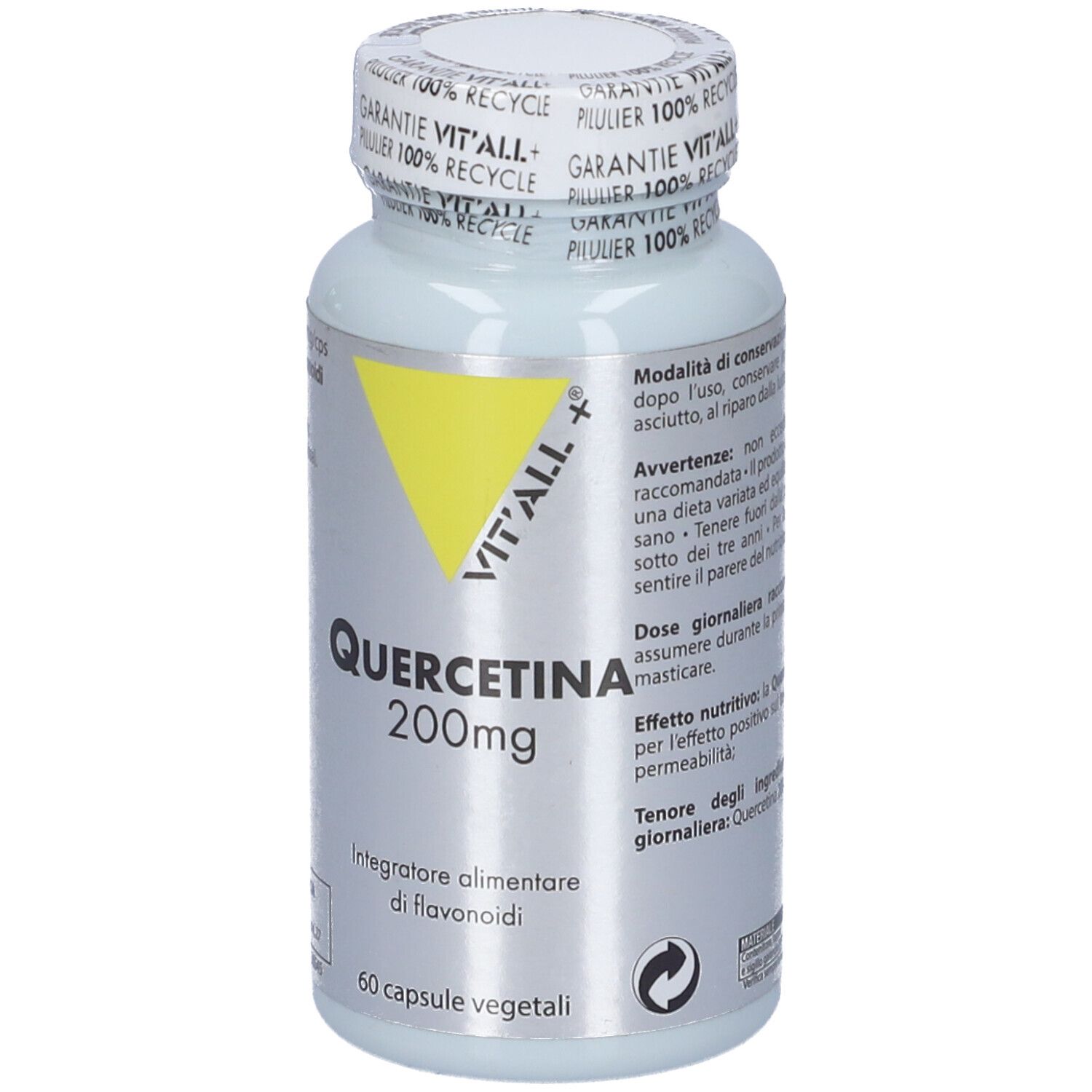 Flacone di capsule. Fronte con testo. Quercetina 200mg. 60 capsule vegetali. Marchio Vit'All+.