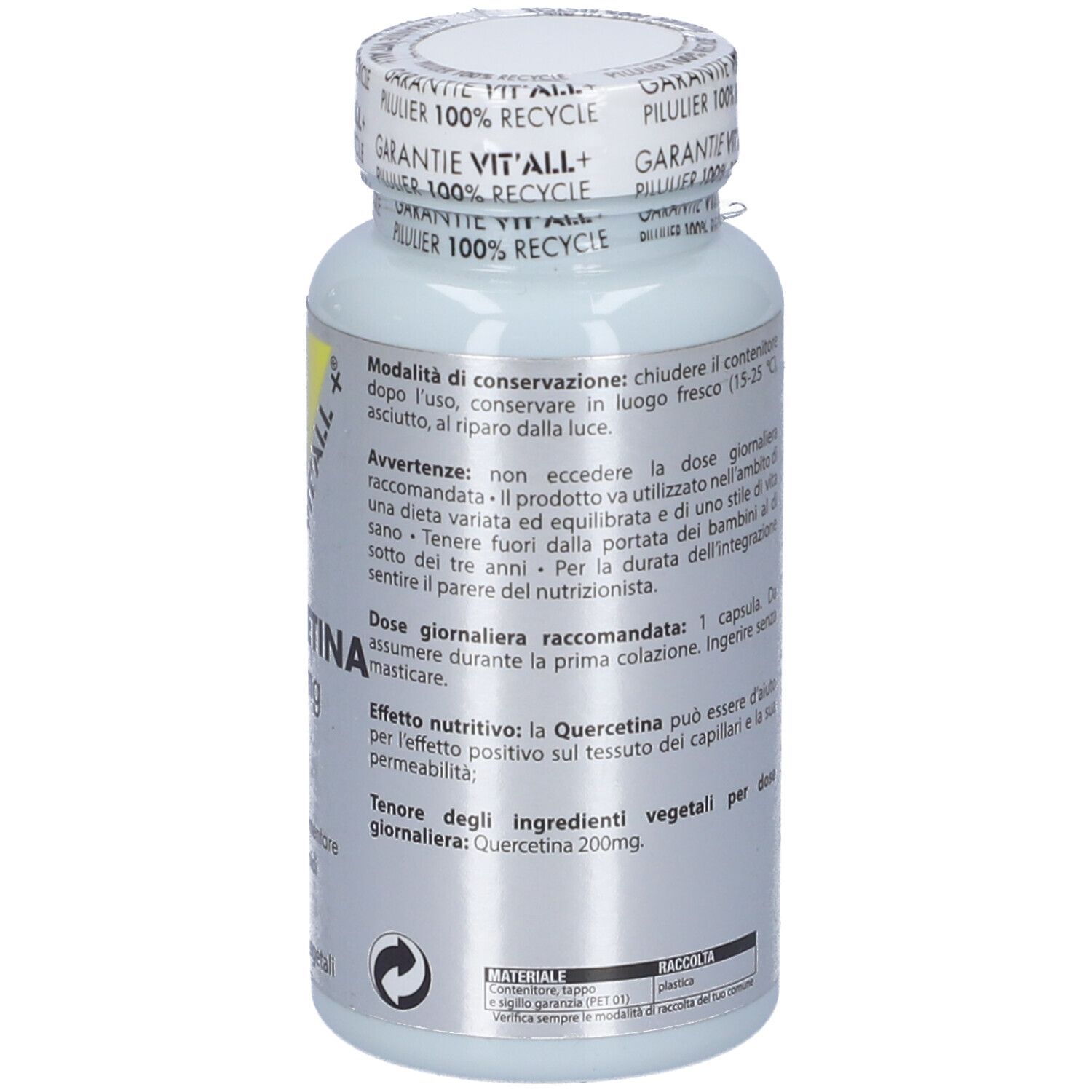 Flacone di capsule. Retro con testo. 60 capsule. Marchio Vit'All+. Istruzioni per l'uso. Simbolo di riciclaggio.