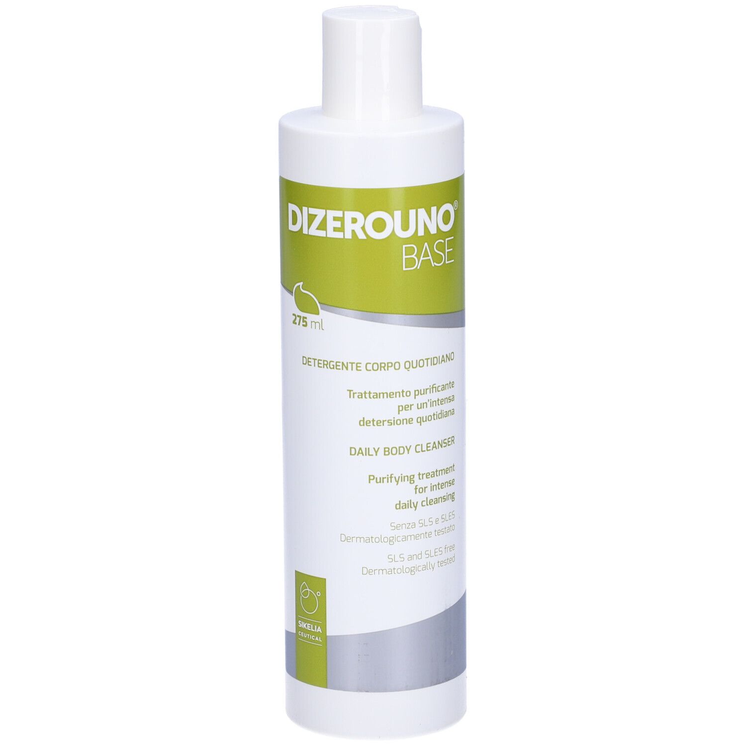 Flacone bianco con etichetta verde. Scritta: Dizerouno Base, daily body cleanser. 275 ml.
