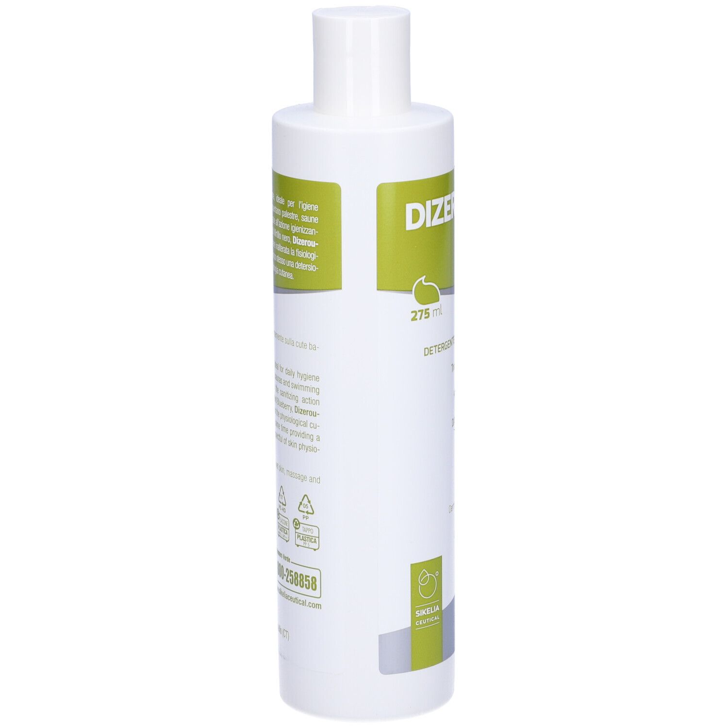 Flacone bianco con etichetta verde. Scritta: Dizerouno Base, daily body cleanser. 275 ml.