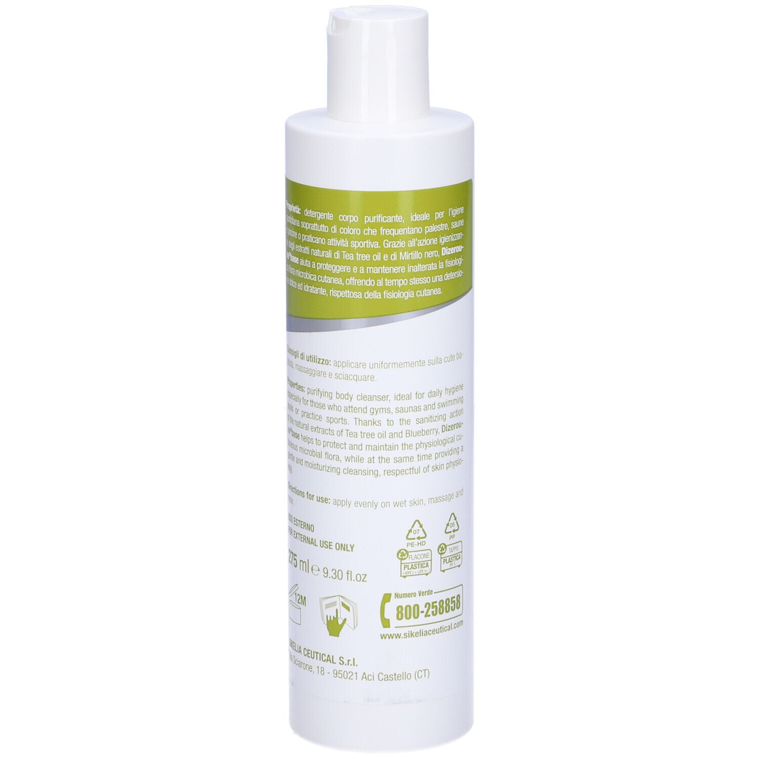 Flacone bianco con etichetta verde. Scritta: Dizerouno Base, daily body cleanser. 275 ml.