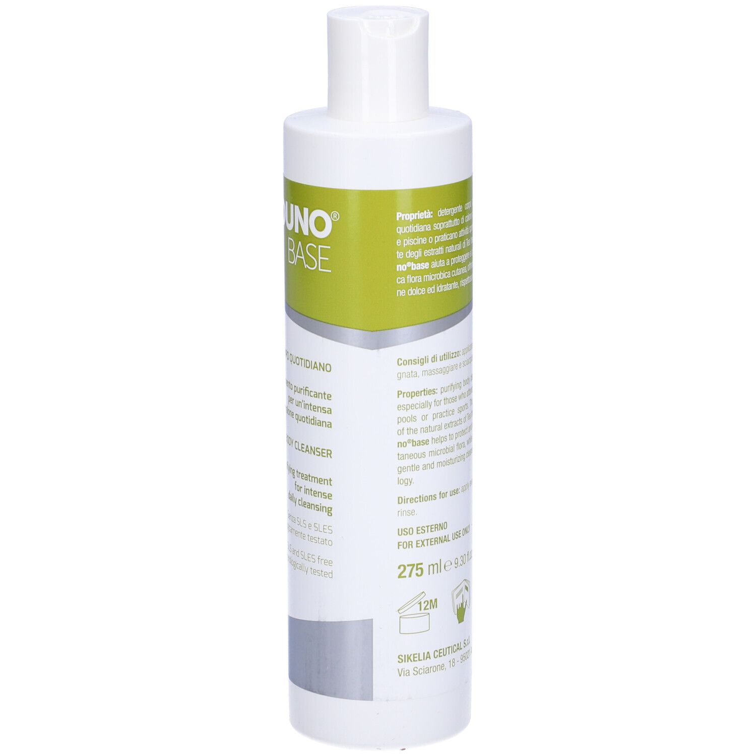 Flacone bianco con etichetta verde. Scritta: Dizerouno Base, daily body cleanser. 275 ml.