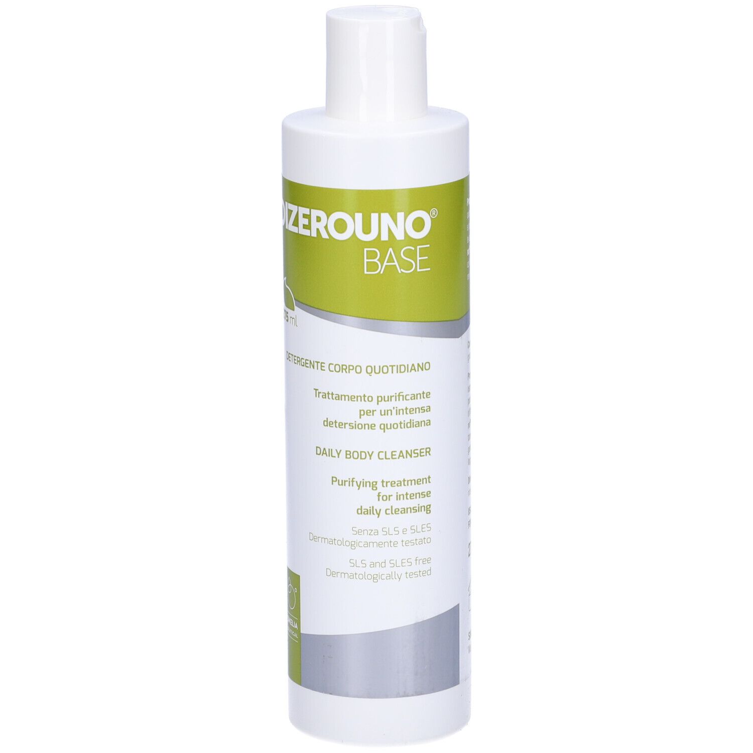 Flacone bianco con etichetta verde. Scritta: Dizerouno Base, daily body cleanser. 275 ml.