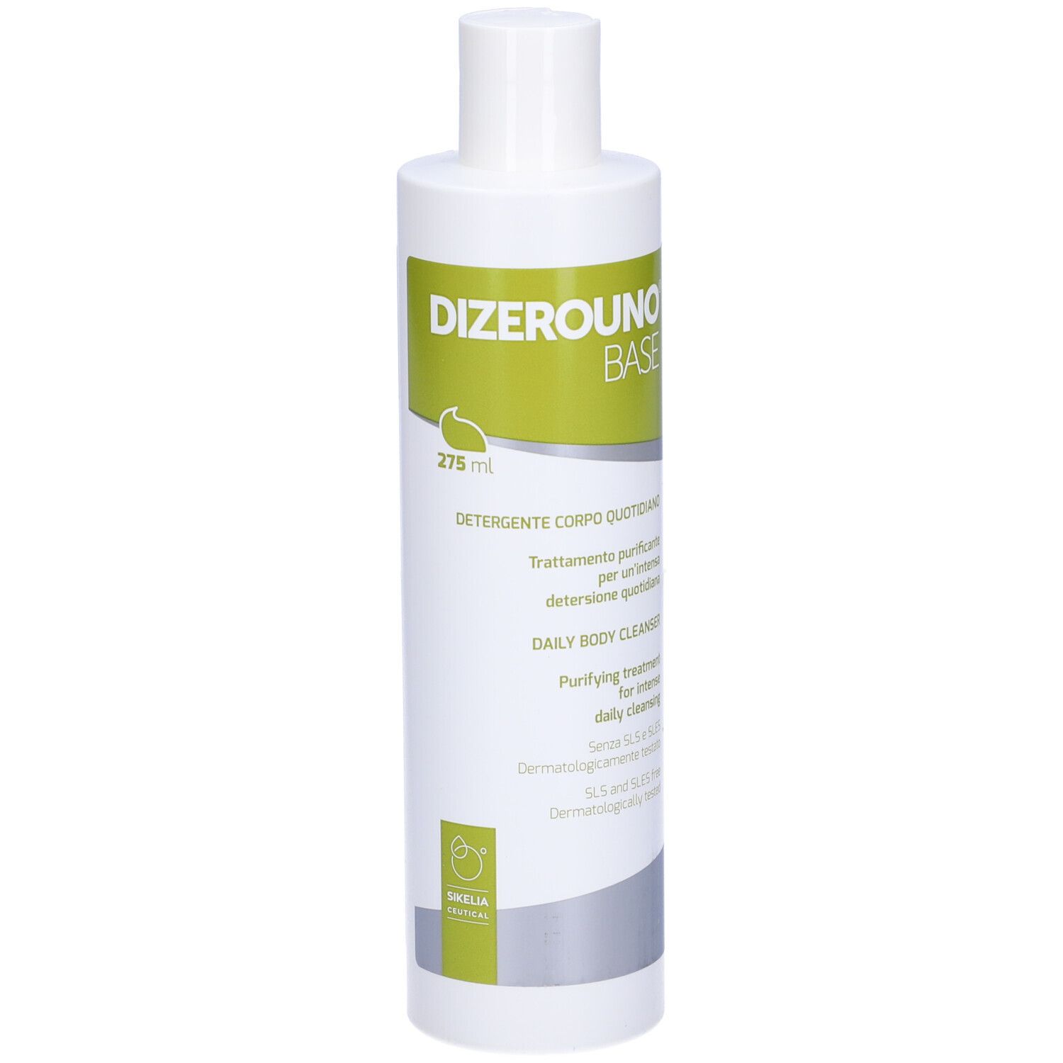 Flacone bianco con etichetta verde. Scritta: Dizerouno Base, daily body cleanser. 275 ml.