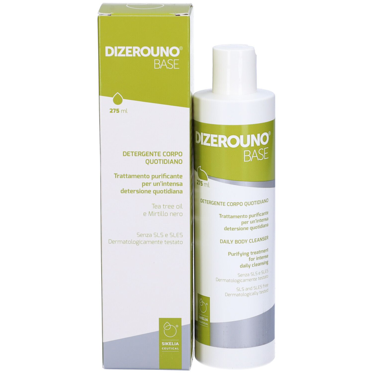 Confezione del prodotto con flacone. Scritta: Dizerouno Base, daily body cleanser. 275 ml. Con scatola.
