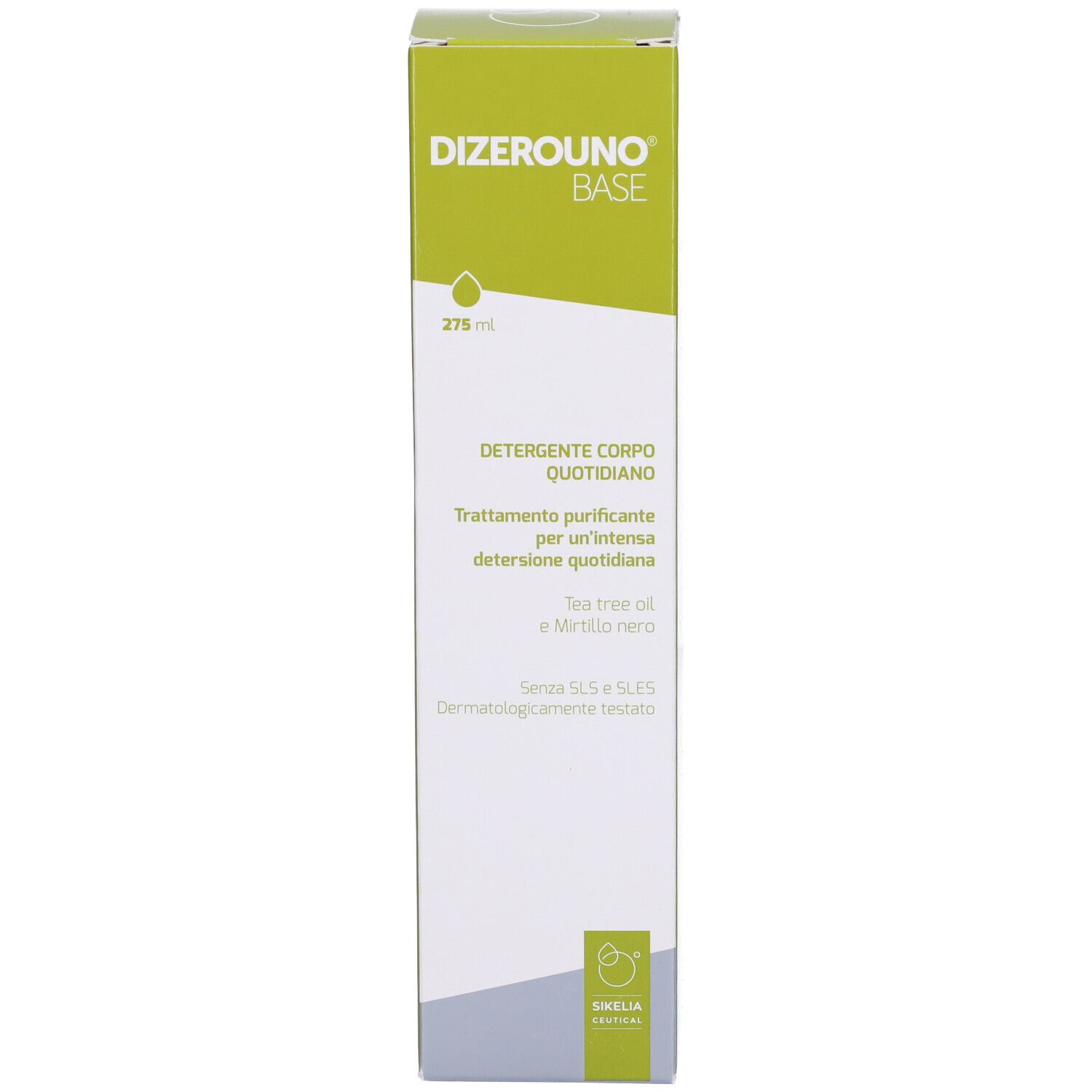 Confezione del prodotto. Scritta: Dizerouno Base, daily body cleanser. 275 ml. Con scatola.