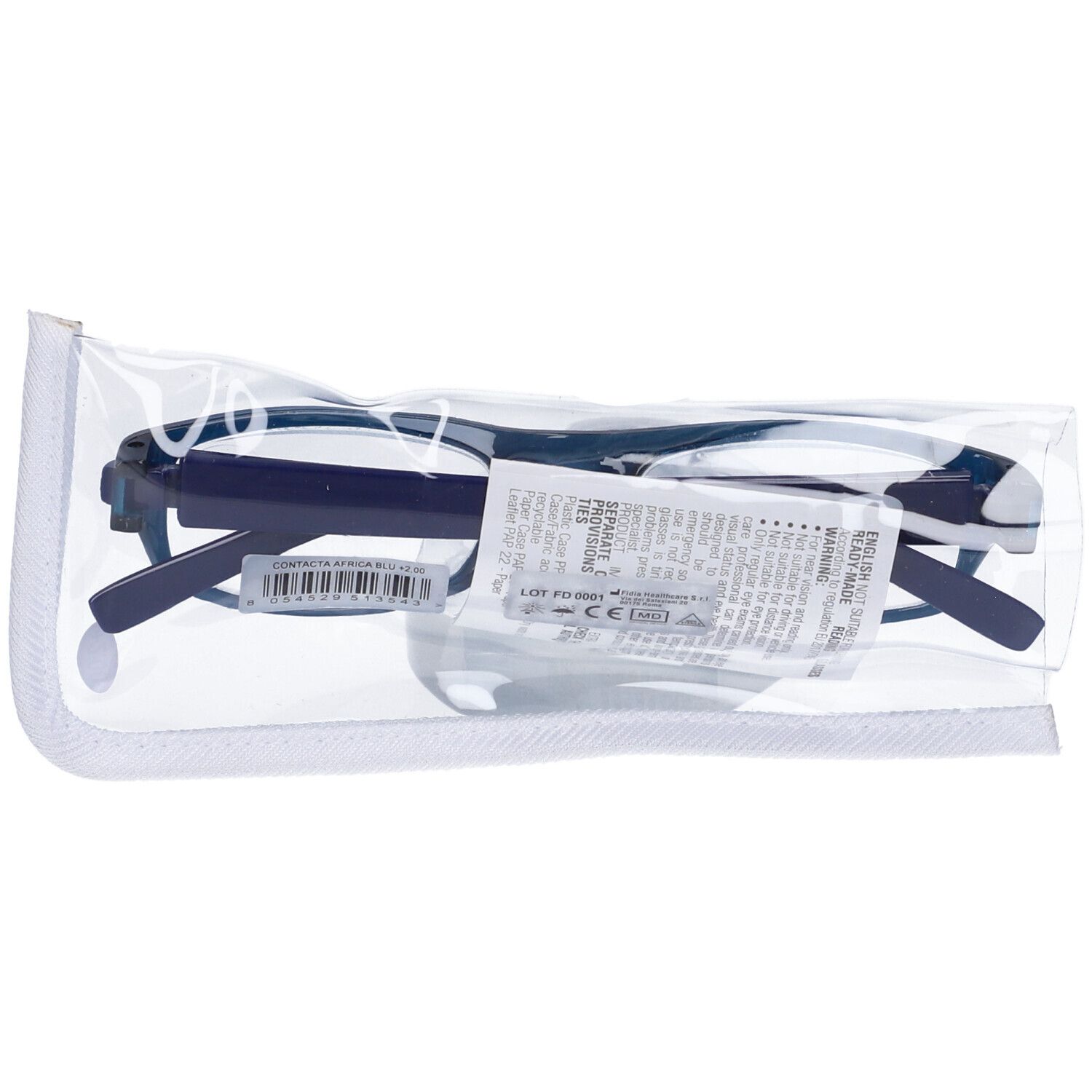 Occhiali Contacta Africa Blu +2,00 in custodia trasparente. Montatura blu, etichetta visibile.