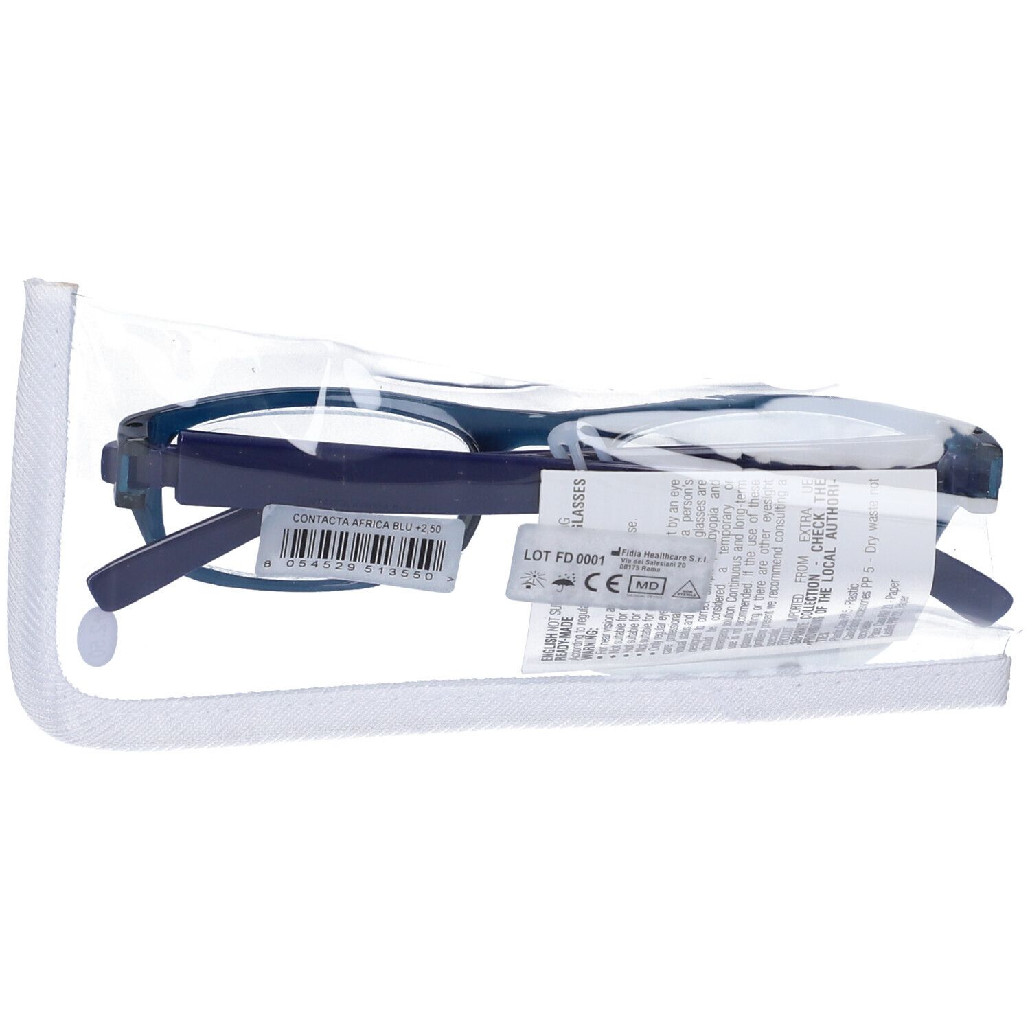 Occhiali Contacta Africa Blu +2,50 in custodia trasparente. Montatura blu, aste bianche. Etichetta con codice a barre e testo.