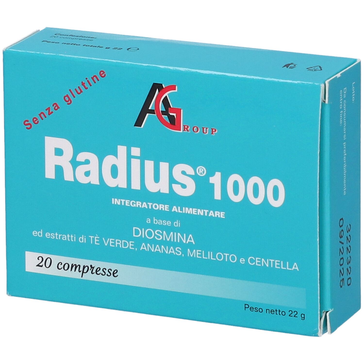 Scatola turchese con "Radius 1000" e "20 compresse". Contiene "Senza glutine". Marchio AG Group.