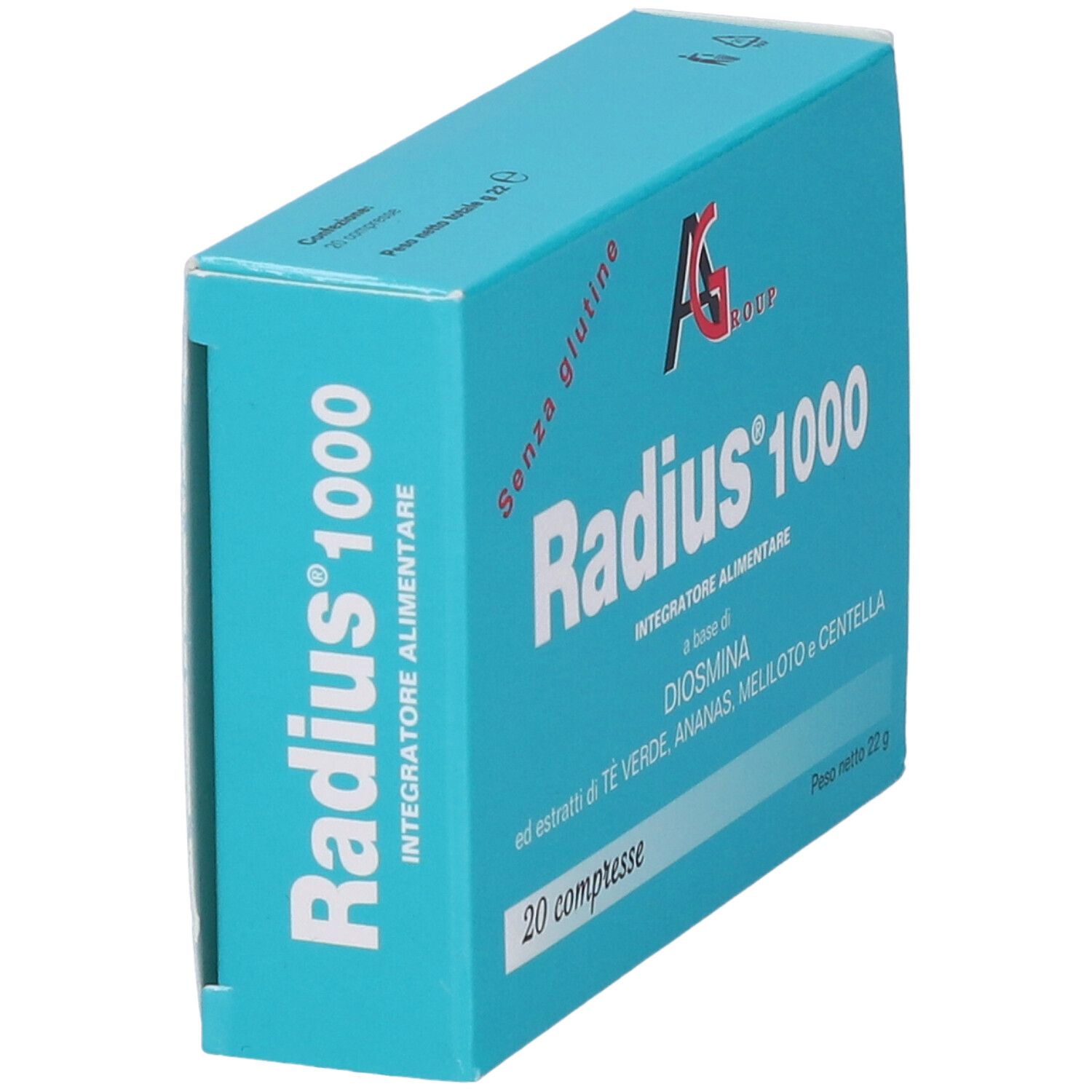Scatola turchese con "Radius 1000" e "20 compresse". Contiene "Senza glutine". Marchio AG Group.