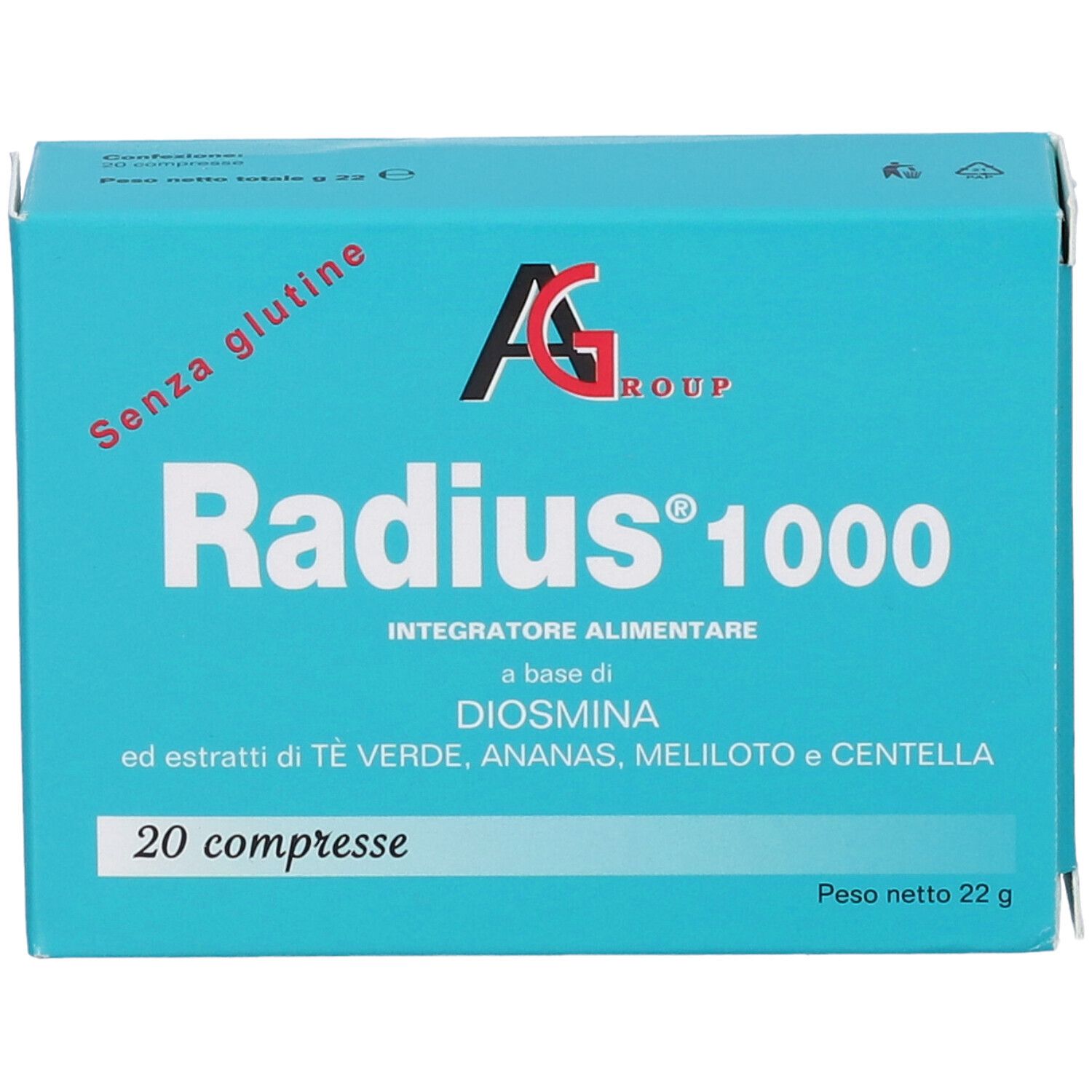 Scatola turchese con "Radius 1000" e "20 compresse". Contiene "Senza glutine". Marchio AG Group.