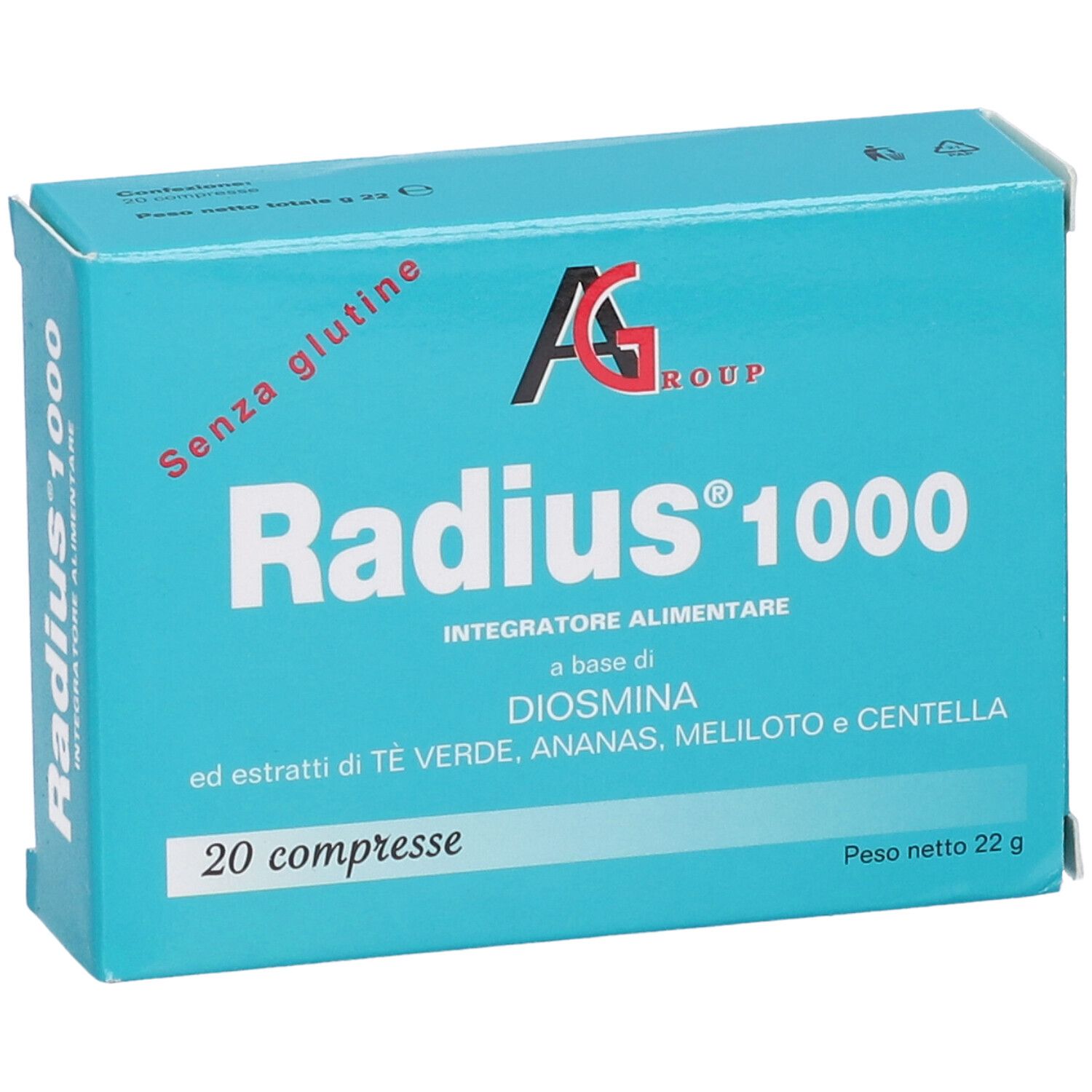 Scatola turchese con "Radius 1000" e "20 compresse". Contiene "Senza glutine". Marchio AG Group.