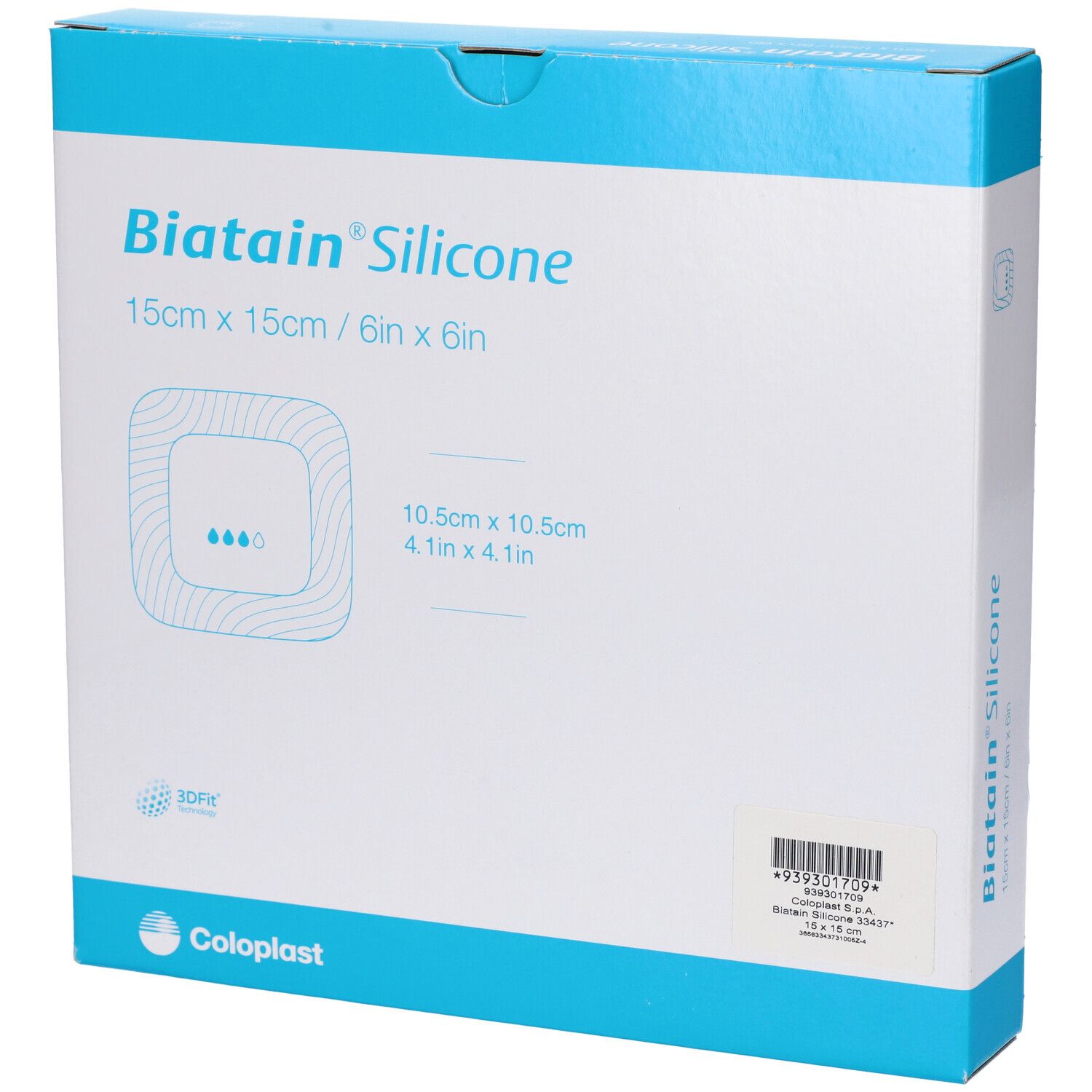 Confezione di medicazioni Biatain Silicone. Dimensione: 15x15 cm. Include un'immagine del prodotto e le dimensioni.