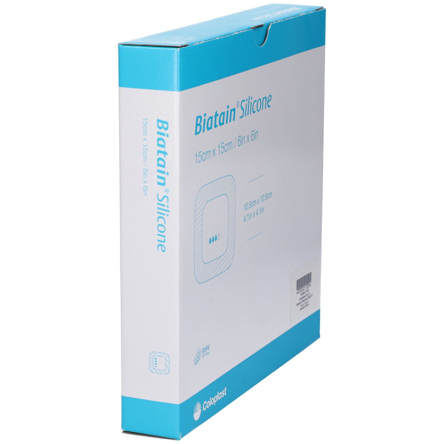 Scatola di medicazioni Biatain Silicone. Dimensione: 15x15 cm. Vista laterale con immagine del prodotto e dimensioni.
