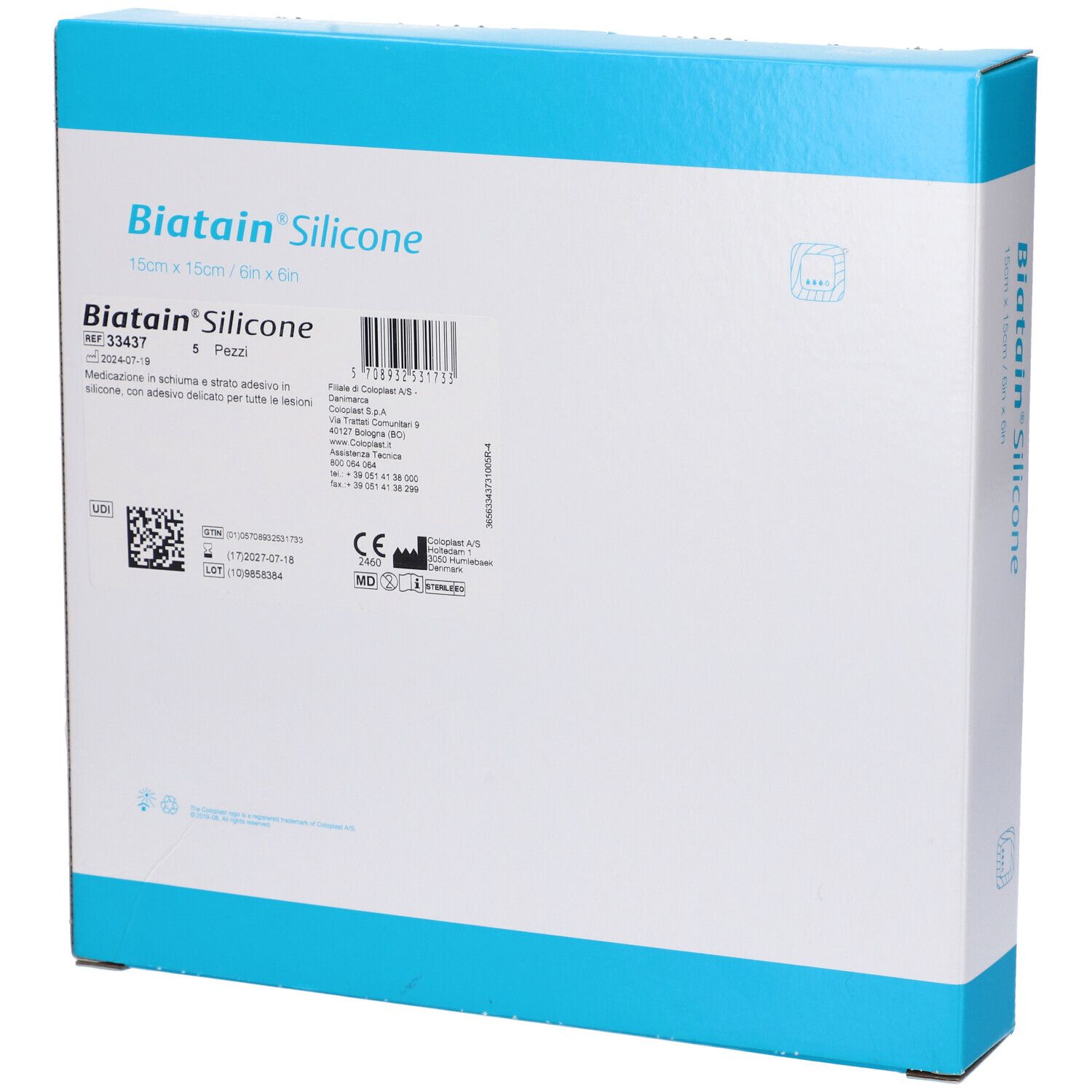 Confezione di medicazioni Biatain Silicone. Dimensione: 15x15 cm. Retro con informazioni sul prodotto e codice a barre.