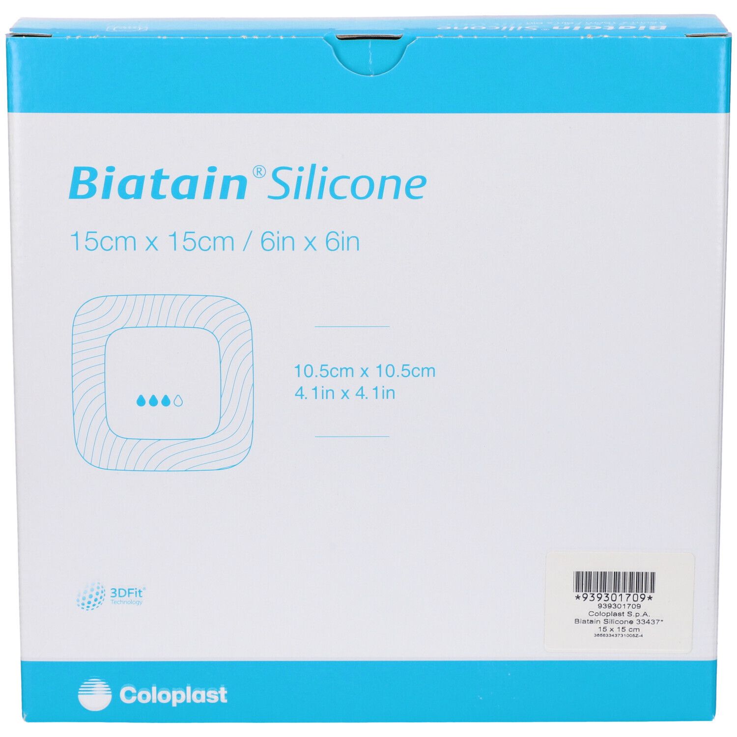 Confezione di medicazioni Biatain Silicone. Dimensione: 15x15 cm. Vista frontale con immagine del prodotto e dimensioni.