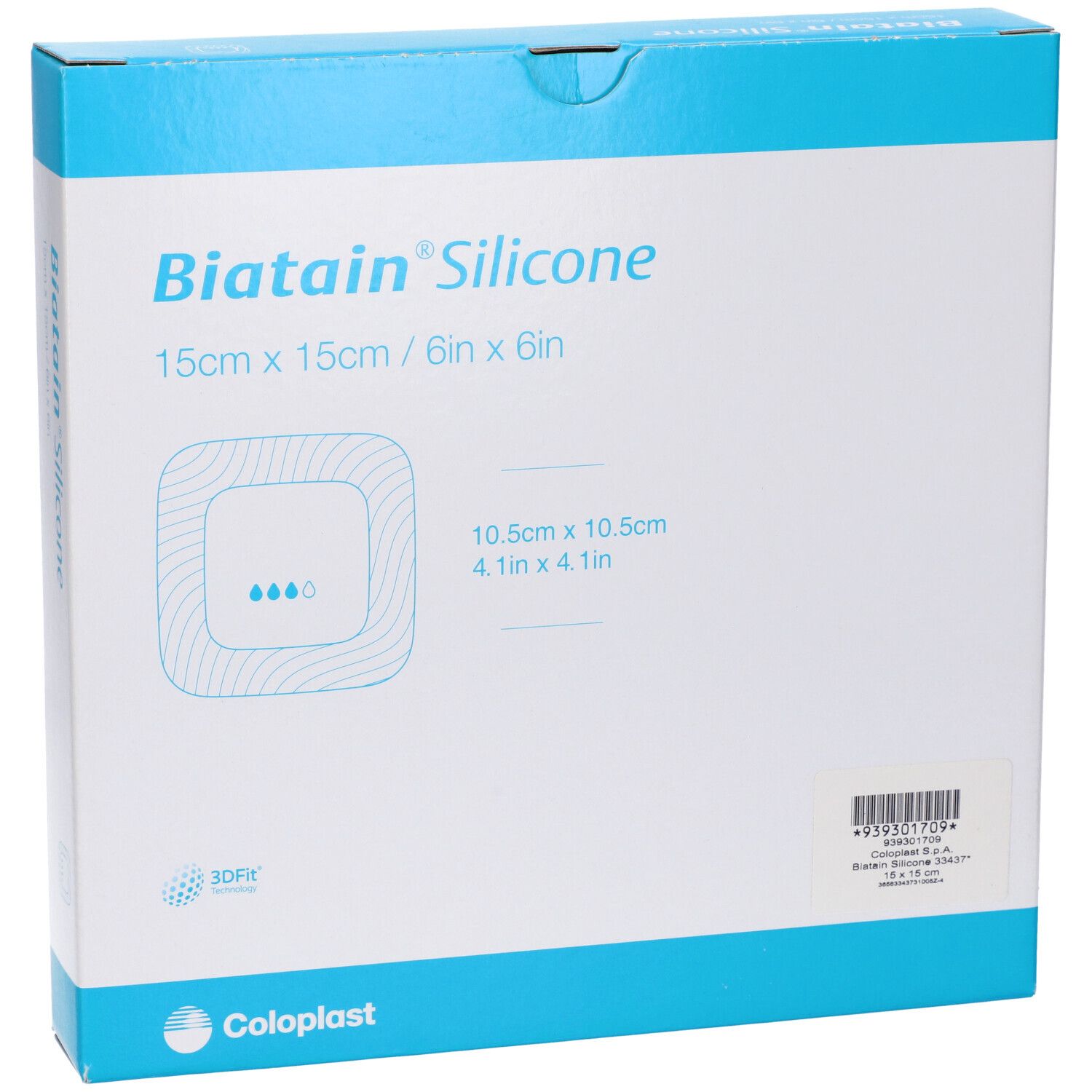 Confezione di medicazioni Biatain Silicone. Dimensione: 15x15 cm. Vista frontale con immagine del prodotto e dimensioni.