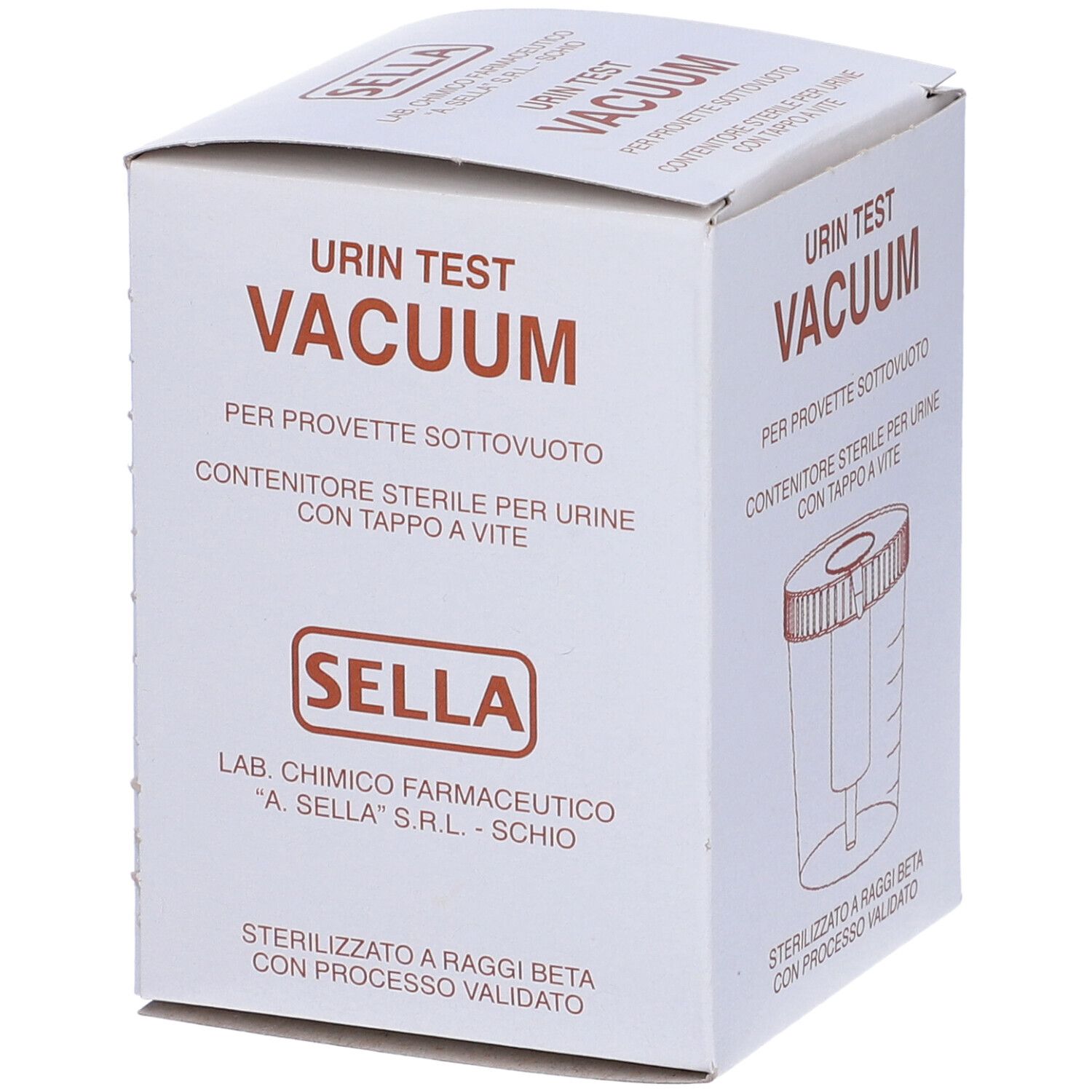 Scatola bianca con testo: URN TEST VACUUM. Contenitore Sterile Per Urine. Logo Sella. Vista prospettica.