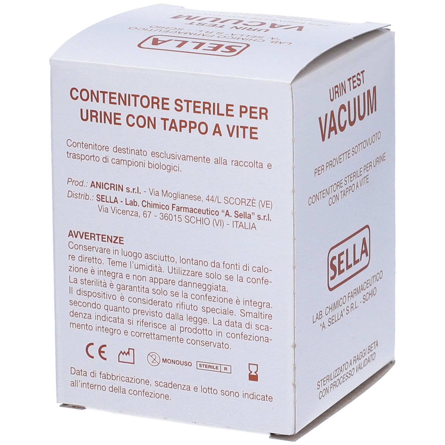 Scatola bianca con testo: Contenitore Sterile Per Urine. Logo Sella. Testo e simboli sul retro.