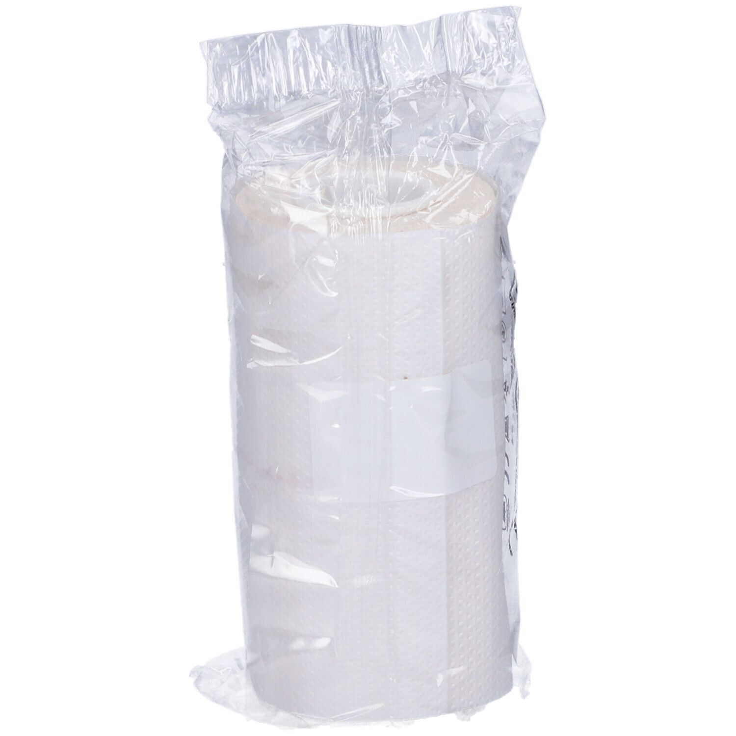Rotolo di benda in confezione di plastica. Visibile: benda bianca.