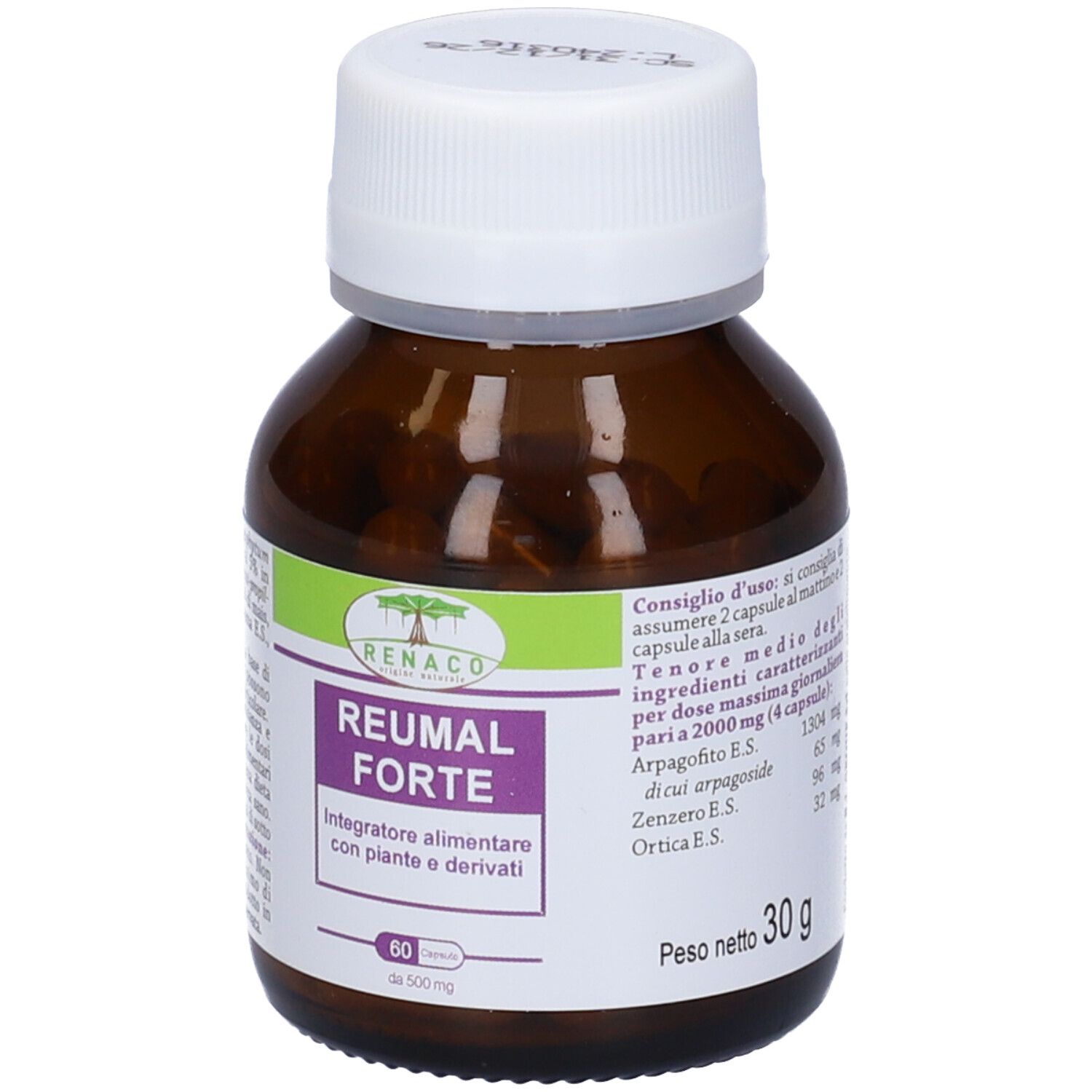 Flacone di vetro marrone con tappo bianco. Etichetta con "REUMAL FORTE" e "60 Capsule".
