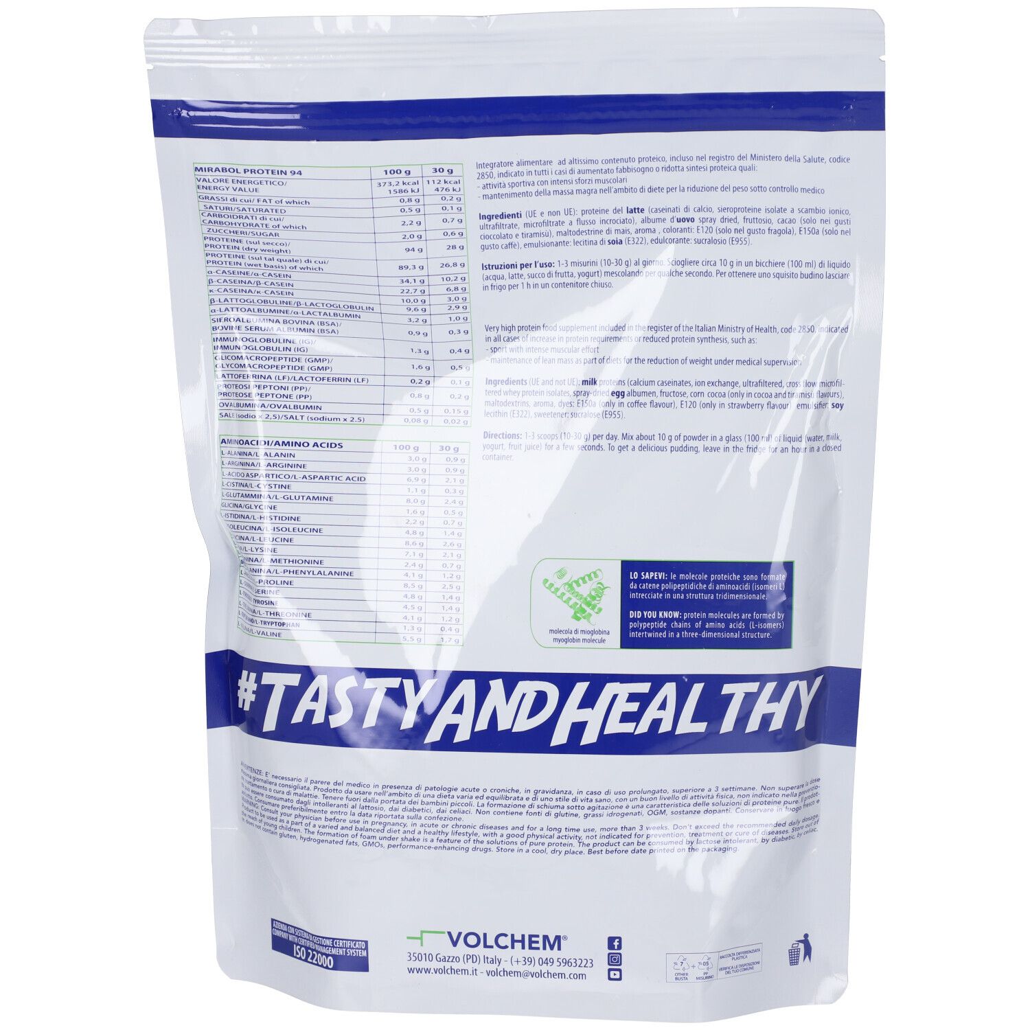 Retro della confezione VOLCHEM Mirabol Protein 94. Contiene informazioni nutrizionali, testo e logo.