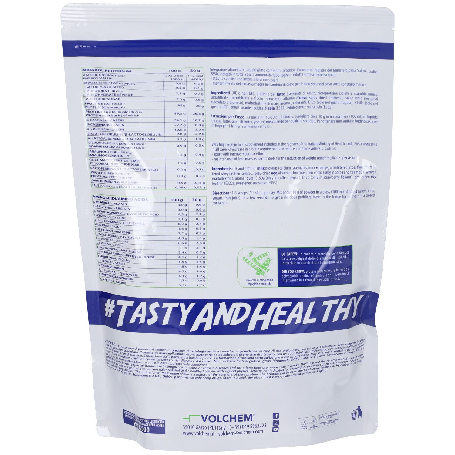 Retro confezione VOLCHEM Mirabol Protein 94. Testo: informazioni nutrizionali, ingredienti, istruzioni per l'uso. Scritta: #TASTY AND HEALTHY.