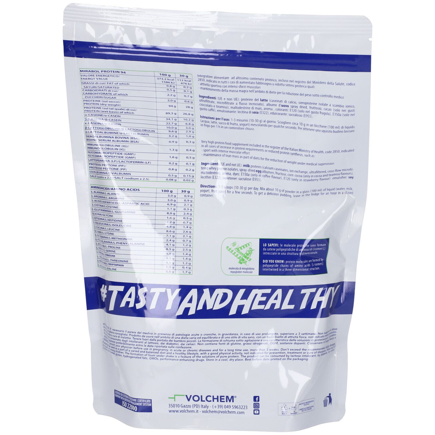 Retro della confezione di proteine. Contiene informazioni nutrizionali, elenco ingredienti e testo. Con l'hashtag #TASTYANDHEALTHY.