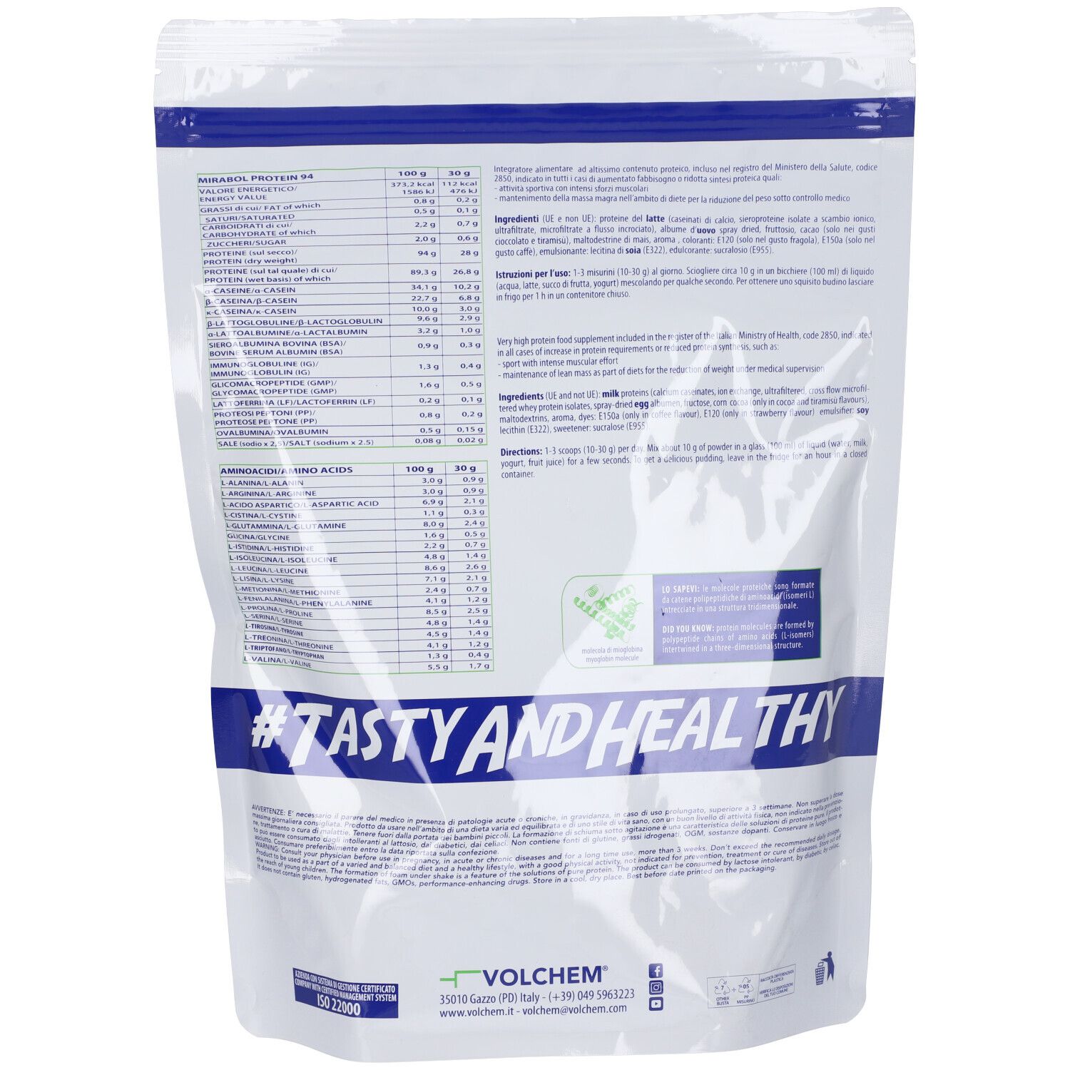 Retro della confezione VOLCHEM Mirabol Protein 94. Contiene informazioni nutrizionali, ingredienti e produttore.