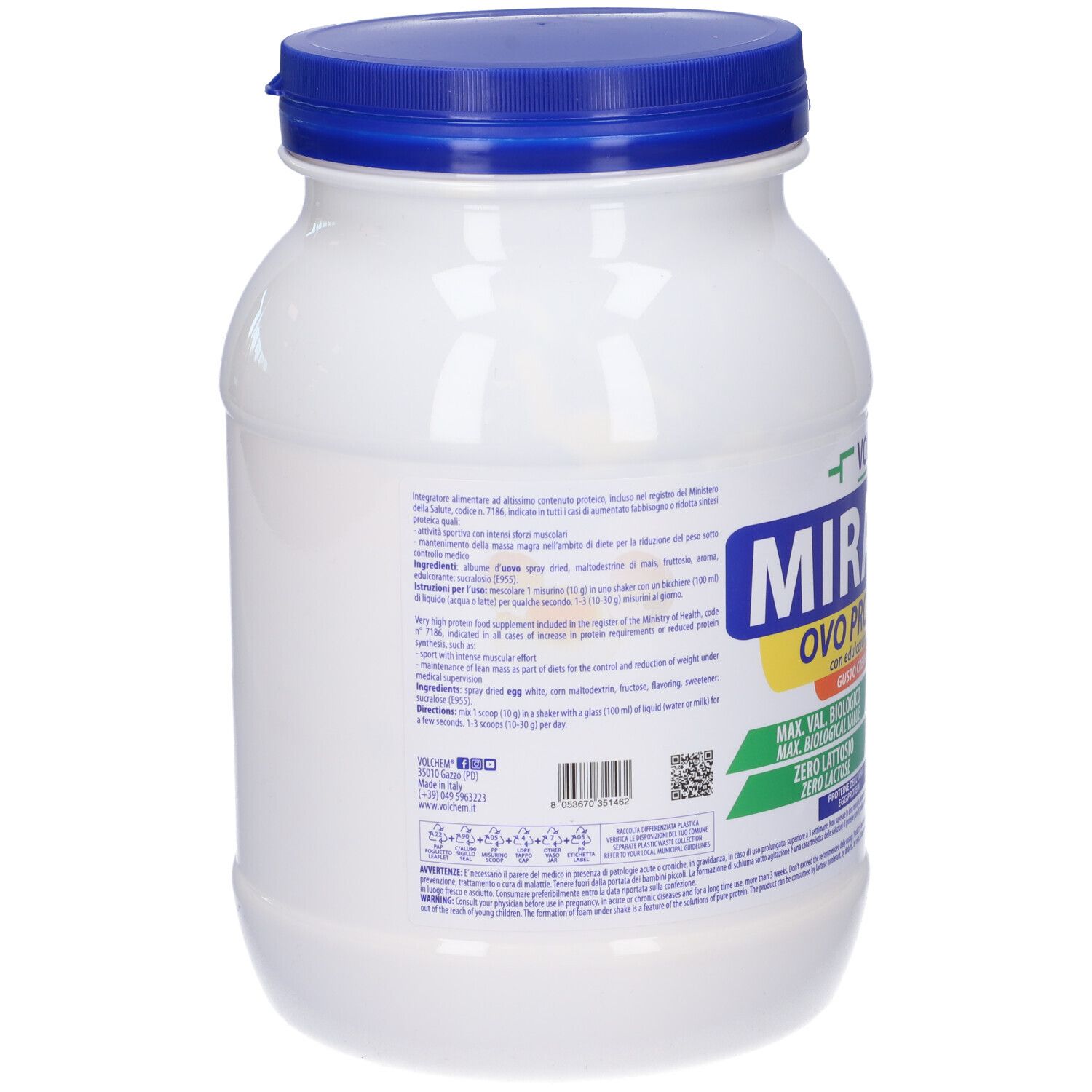 Contenitore bianco con coperchio blu. Retro con testo e informazioni nutrizionali. Marchio MIRABOL OVO PROTEIN.