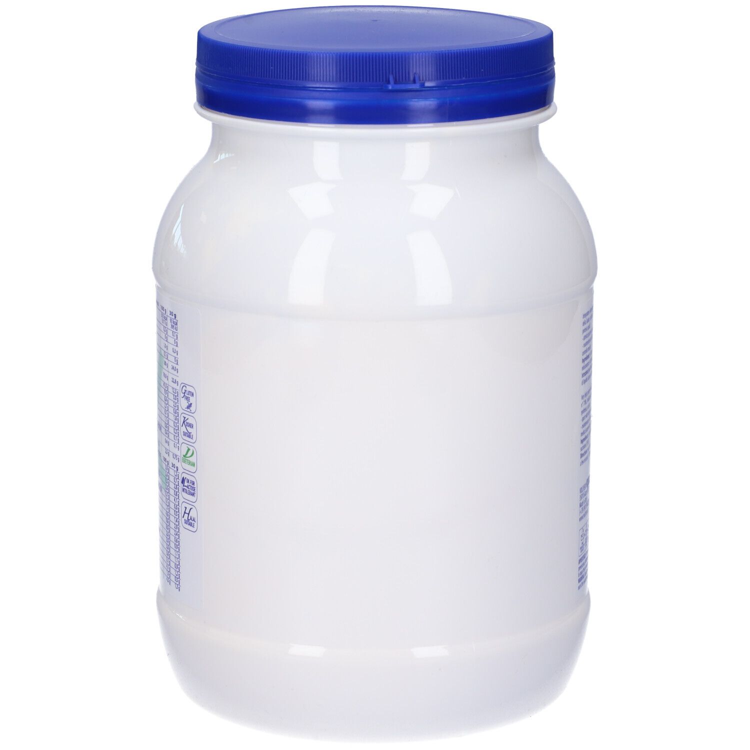 Contenitore bianco con coperchio blu. Lato vuoto, senza testo o etichette.