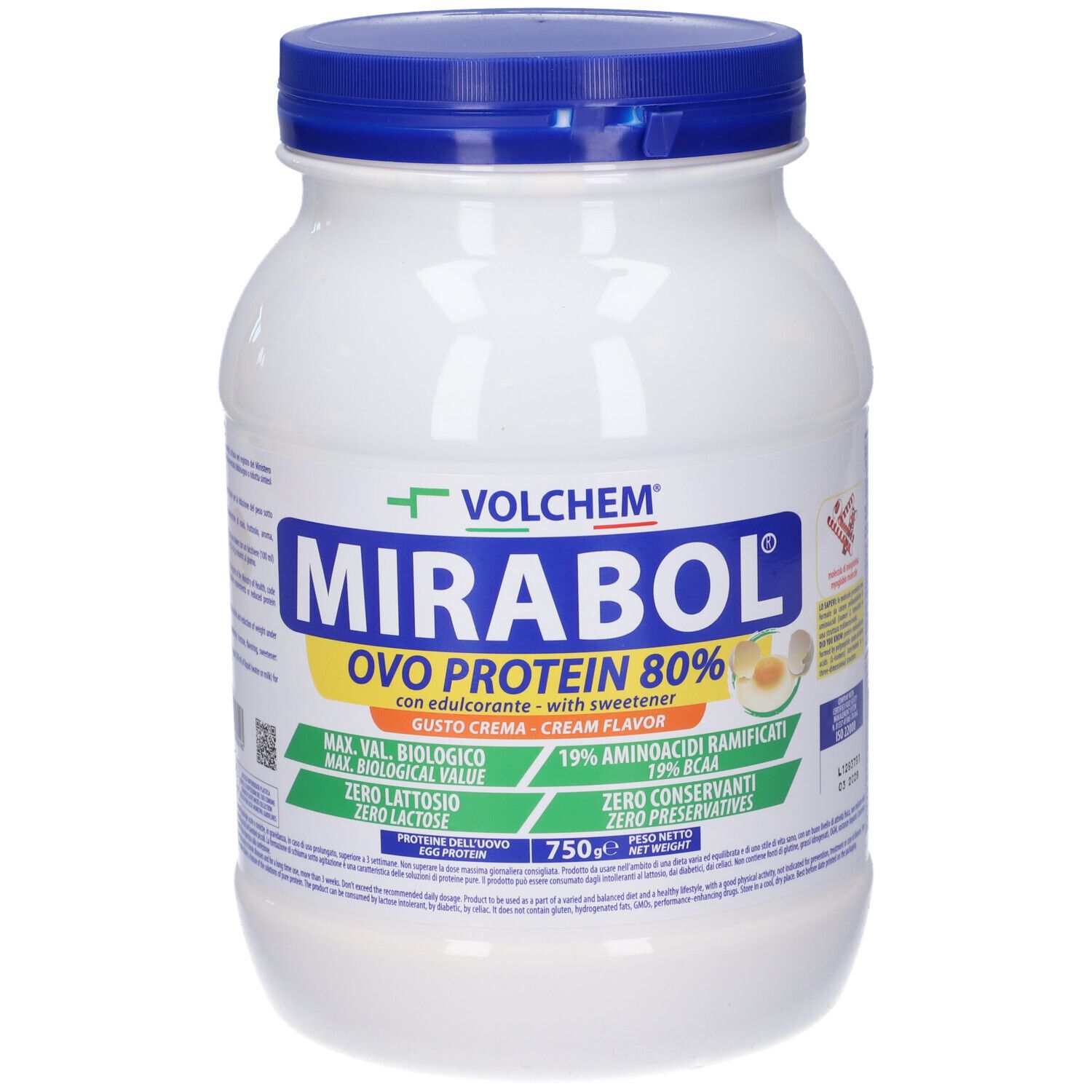 Contenitore bianco con coperchio blu. Scritta MIRABOL OVO PROTEIN 80%. Contiene dolcificante, gusto crema. 750g.