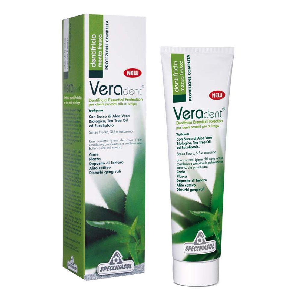 Tubo e scatola di dentifricio Veradent. Confezione verde e bianca con motivo aloe vera. Testo in italiano.