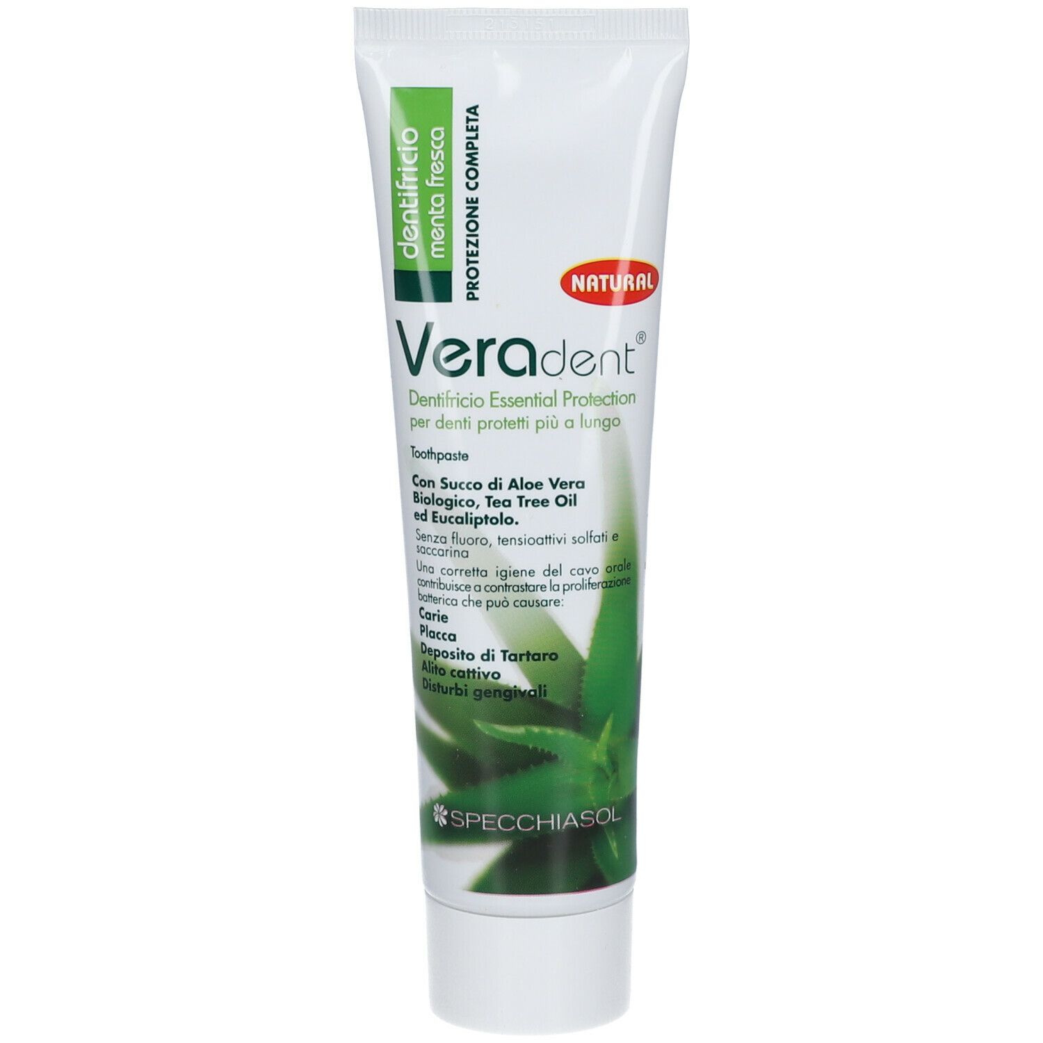 Tubo di dentifricio Veradent. Bianco con accenti verdi. Nome del prodotto e motivo aloe vera. Testo in italiano.