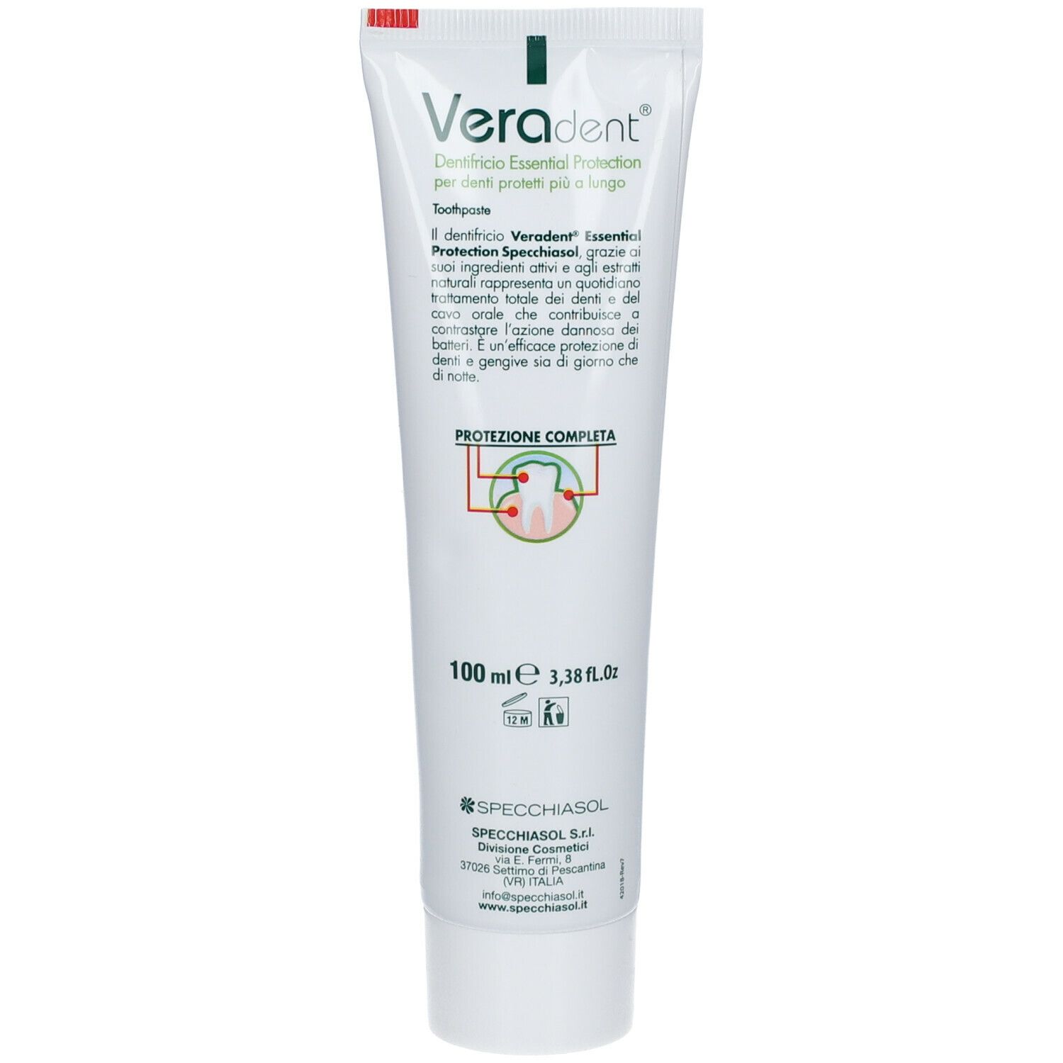 Tubo di dentifricio Veradent. Bianco con accenti verdi. Nome del prodotto e motivo aloe vera. Testo in italiano.