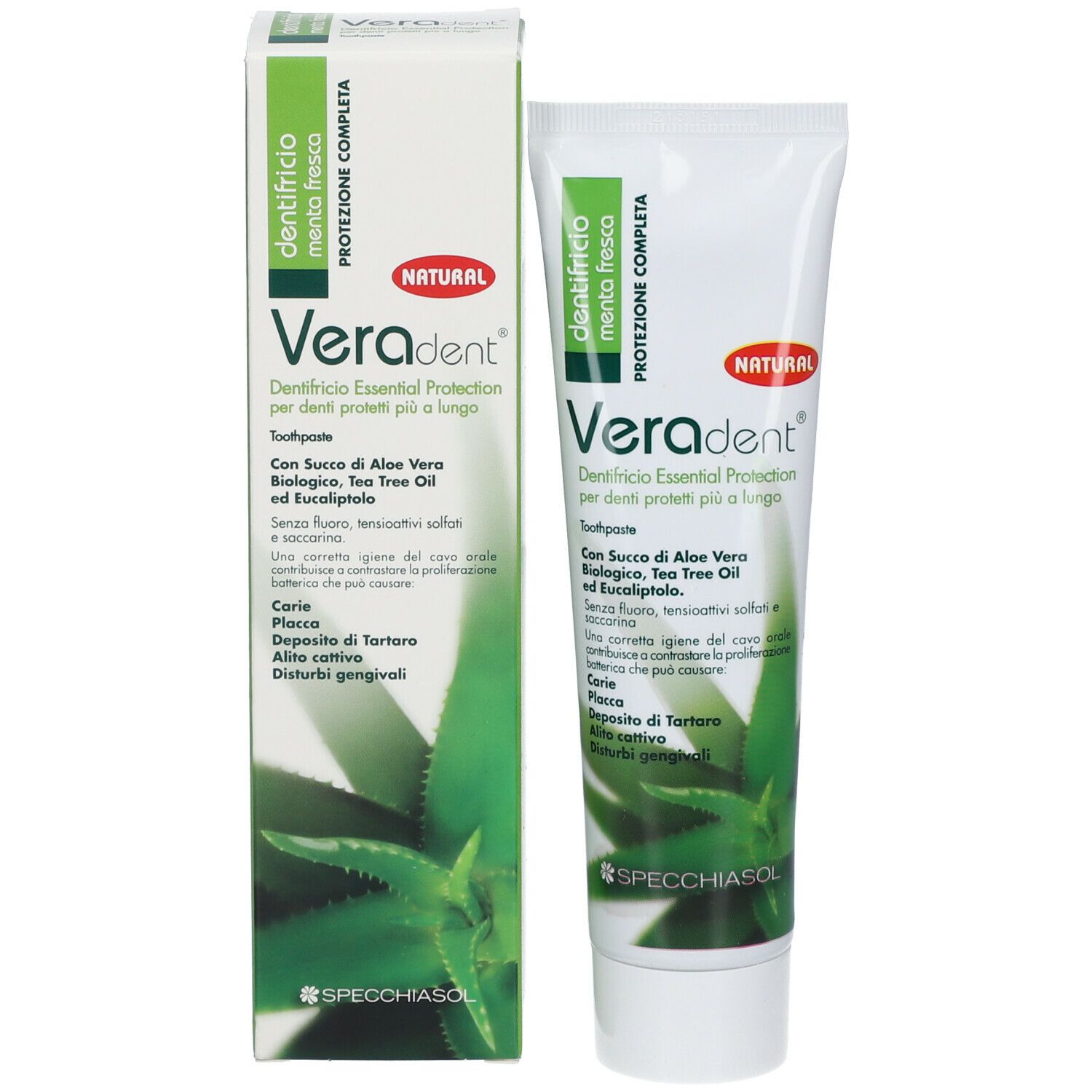 Tubo e scatola di dentifricio Veradent. Confezione verde e bianca con motivo aloe vera. Testo in italiano.