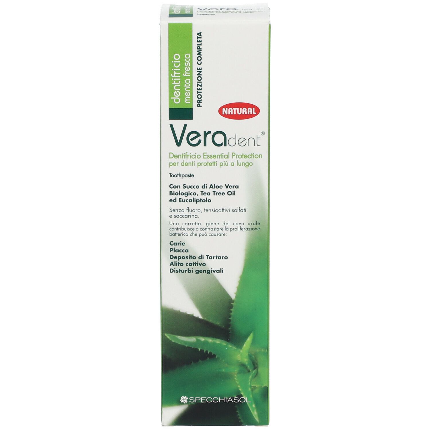 Tubo e scatola di dentifricio Veradent. Confezione verde e bianca con motivo aloe vera. Testo in italiano.