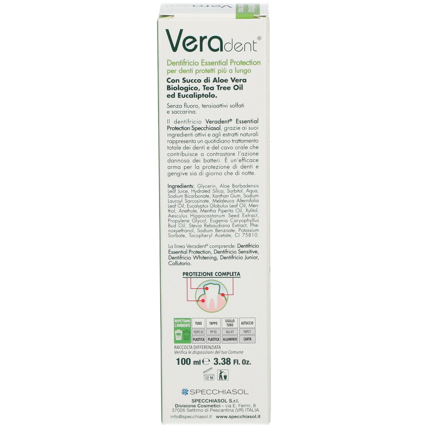 Retro della scatola di dentifricio. Nome del prodotto: Veradent. Confezione verde con testo in italiano.