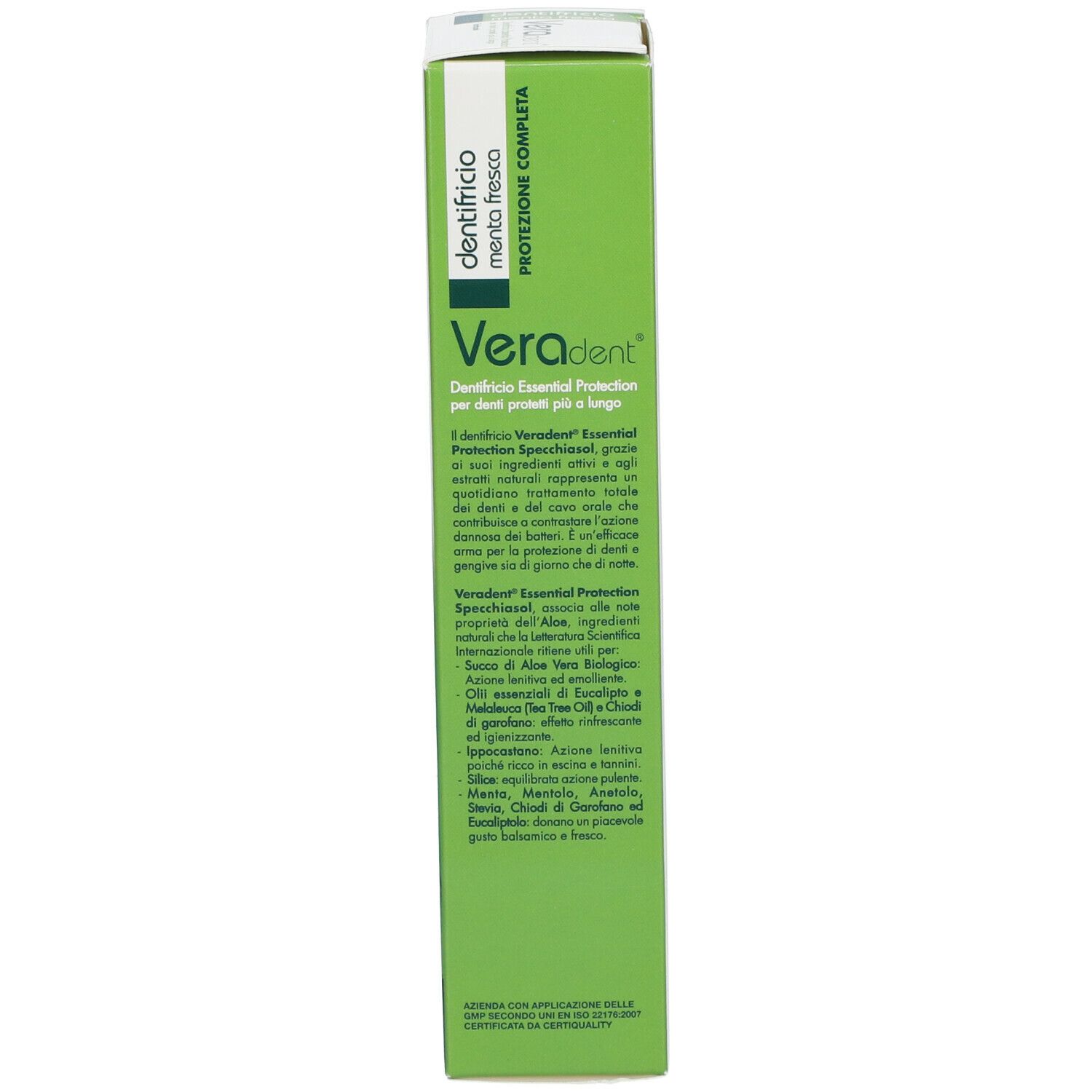 Retro della scatola di dentifricio. Nome del prodotto: Veradent. Confezione verde con testo in italiano.