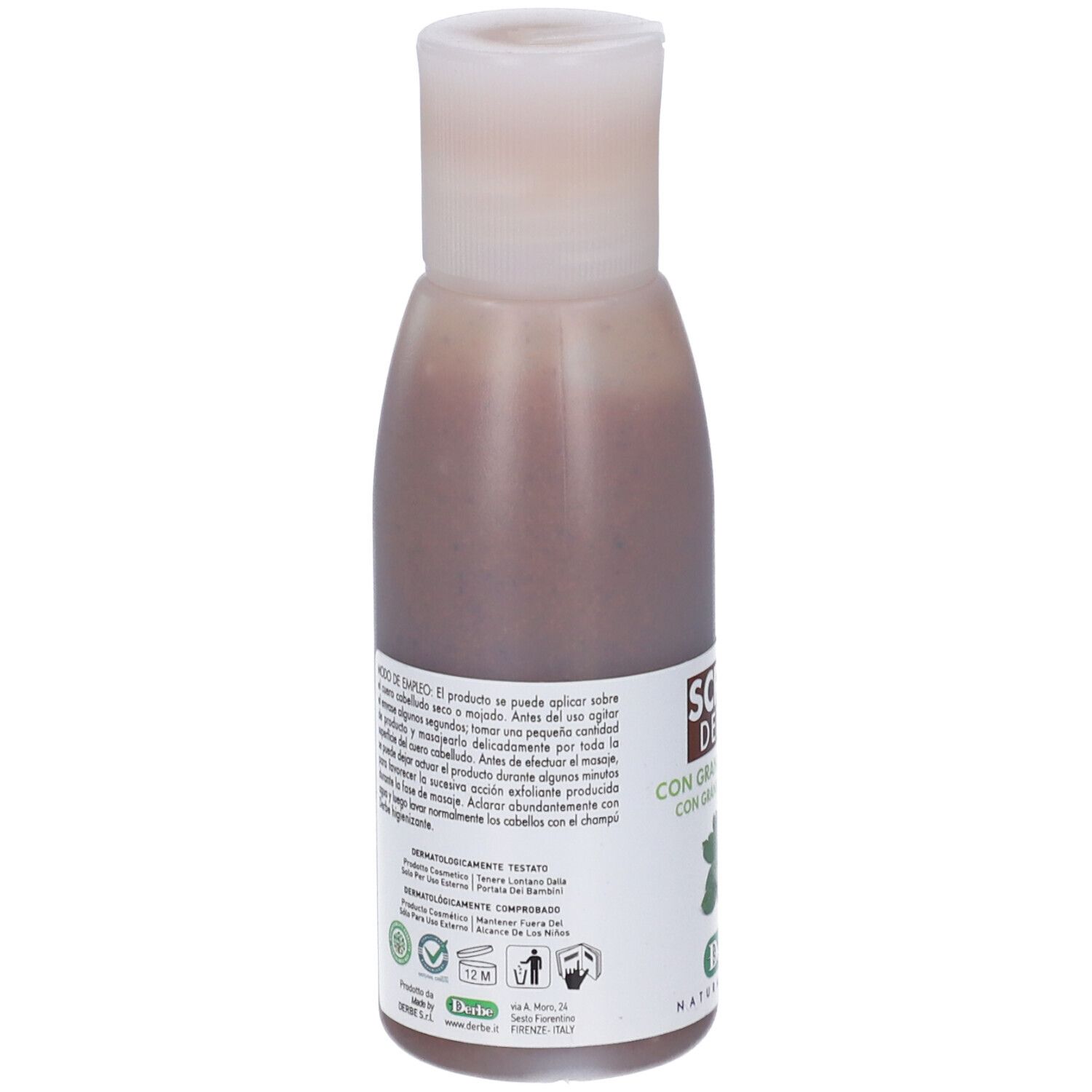 Retro di una bottiglia di liquido marrone. Etichetta con testo e loghi. Dermatologicamente testato.