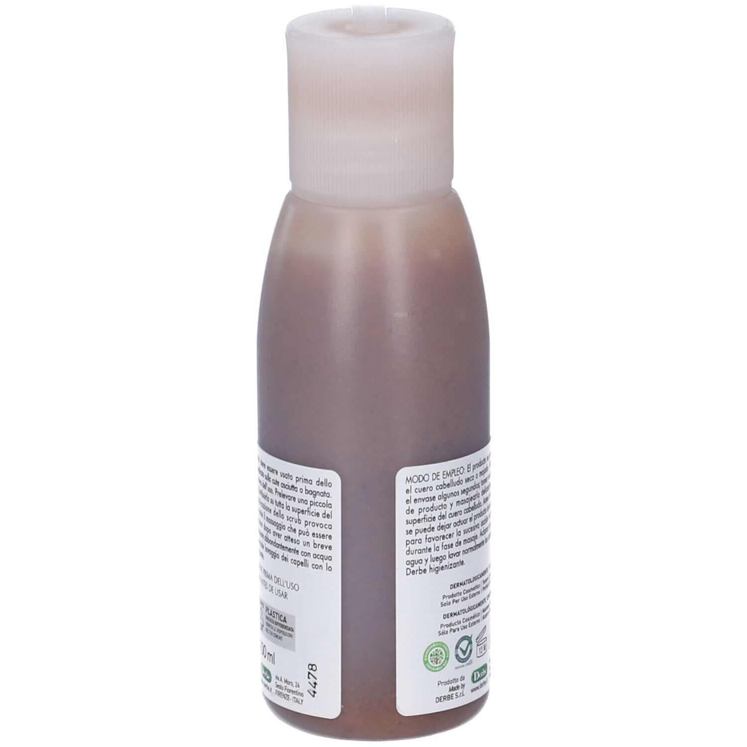 Retro di una bottiglia di liquido marrone. Etichetta con testo e loghi. Dermatologicamente testato.