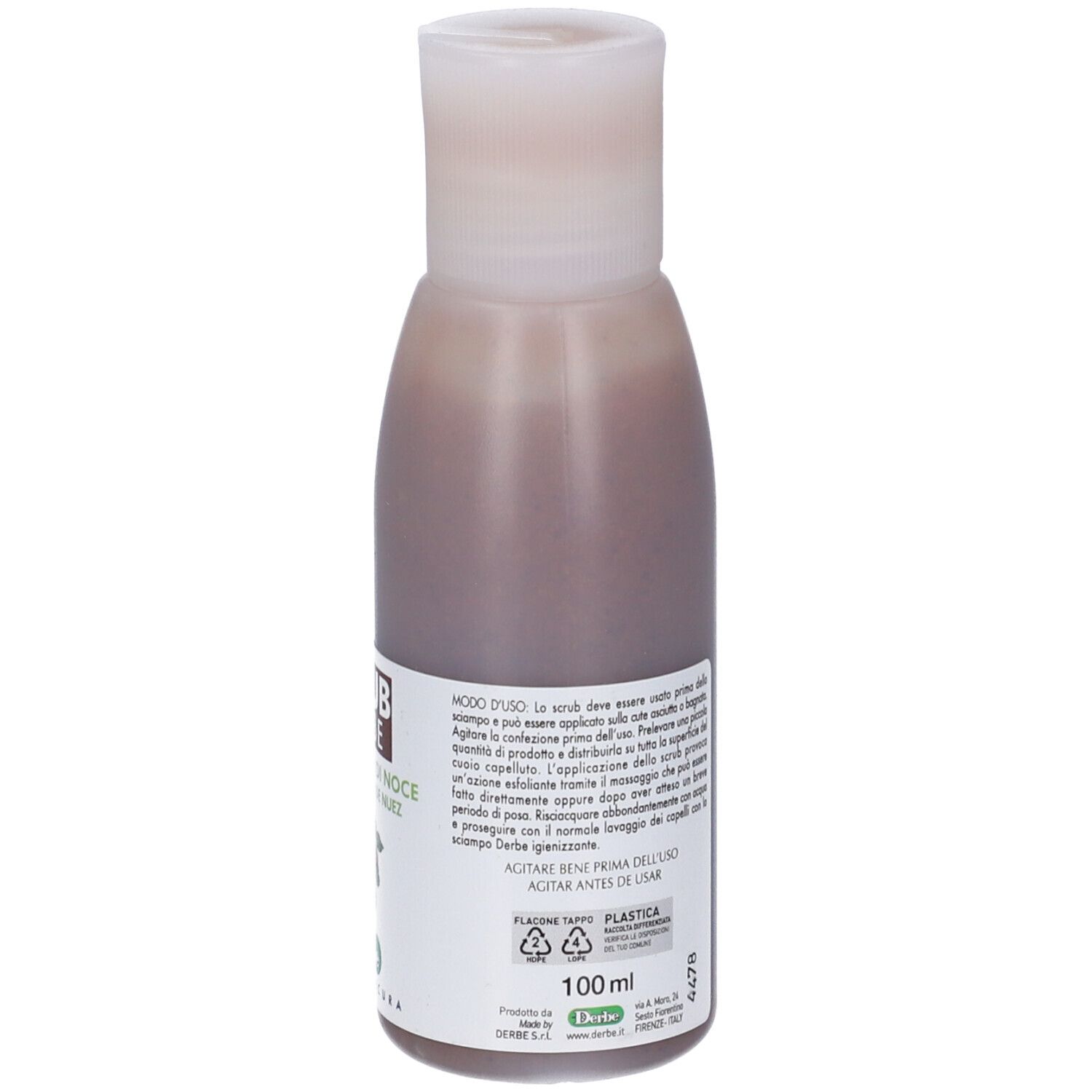 Bottiglia di liquido marrone. Etichetta con nome prodotto e testo. 100 ml. Agitare prima dell'uso.