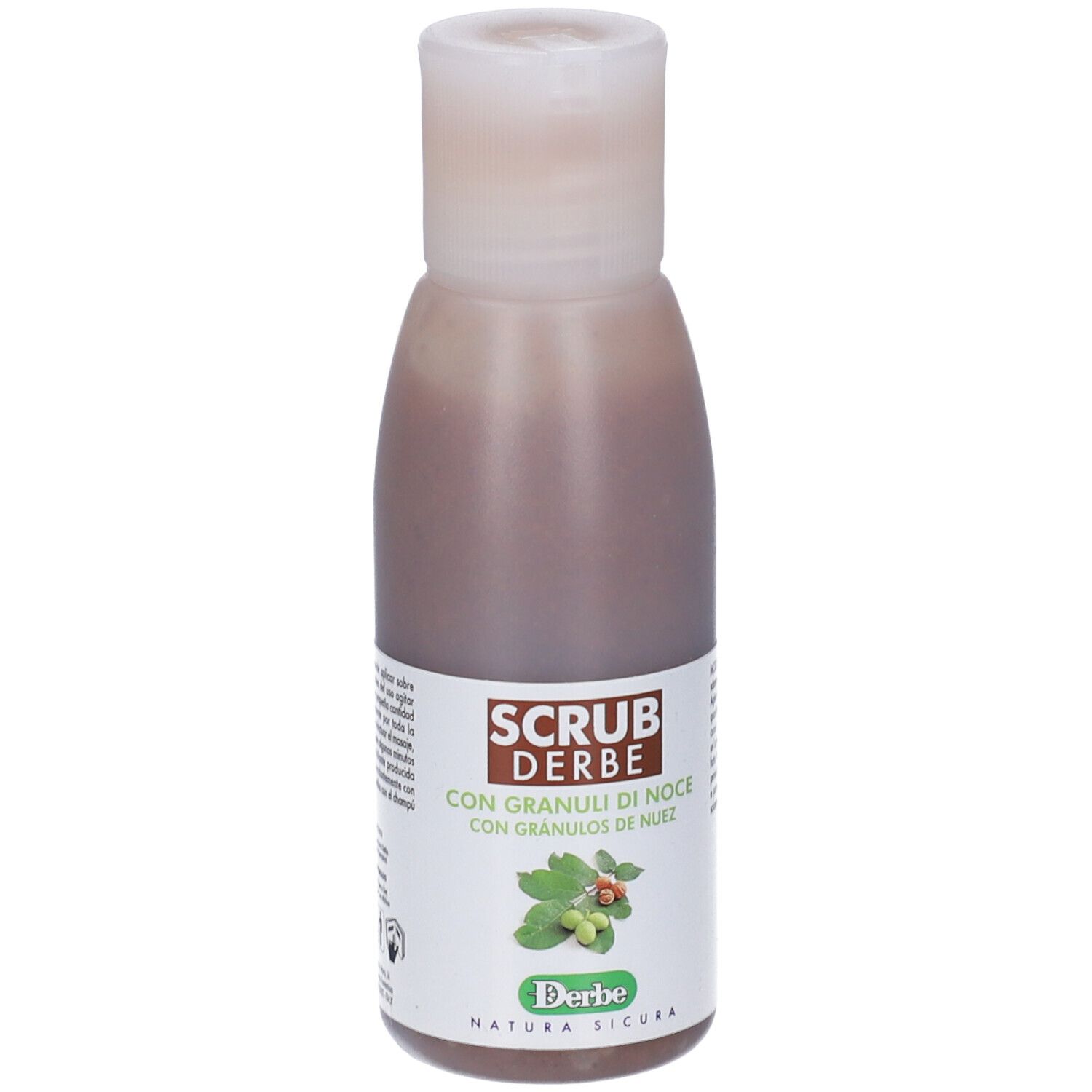 Bottiglia di liquido marrone con tappo bianco. Etichetta con nome prodotto e logo. Sigillo Natura.