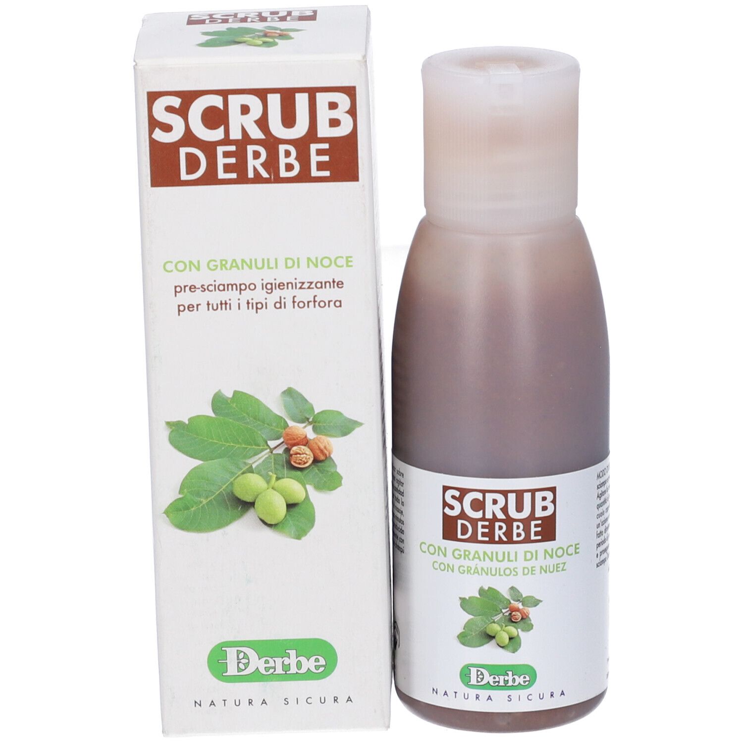 Bottiglia del prodotto e confezione. Bottiglia di liquido marrone. Confezione con nome prodotto e logo.