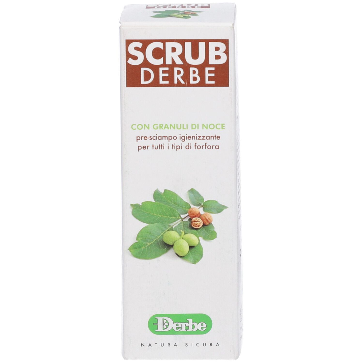 Confezione con nome prodotto e logo. Illustrazione di foglie e noci. Sigillo Natura.