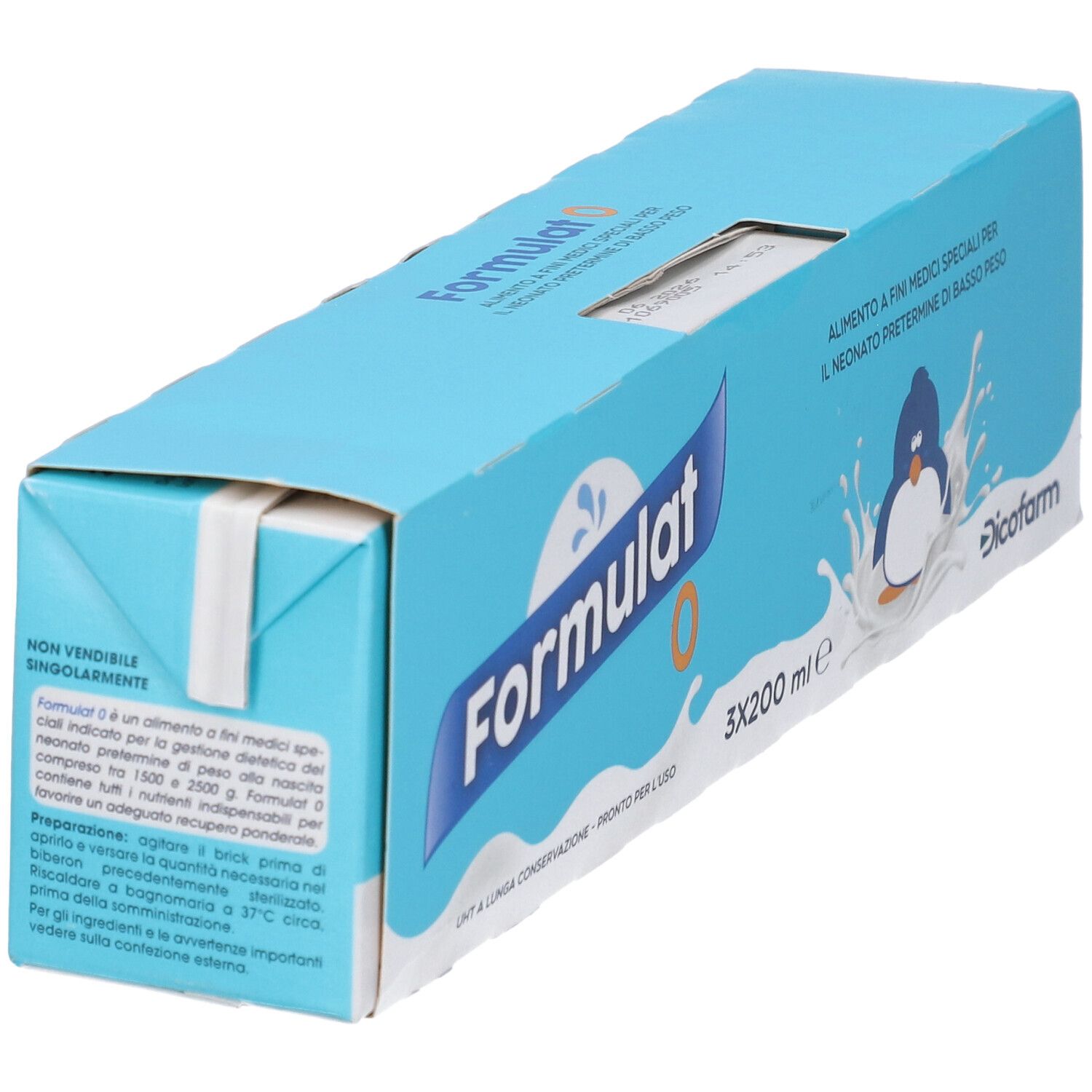Confezione azzurra con logo "Formulat 0" e testo. Contiene 3x200 ml. Vista laterale. Marchio: Dicofarm.