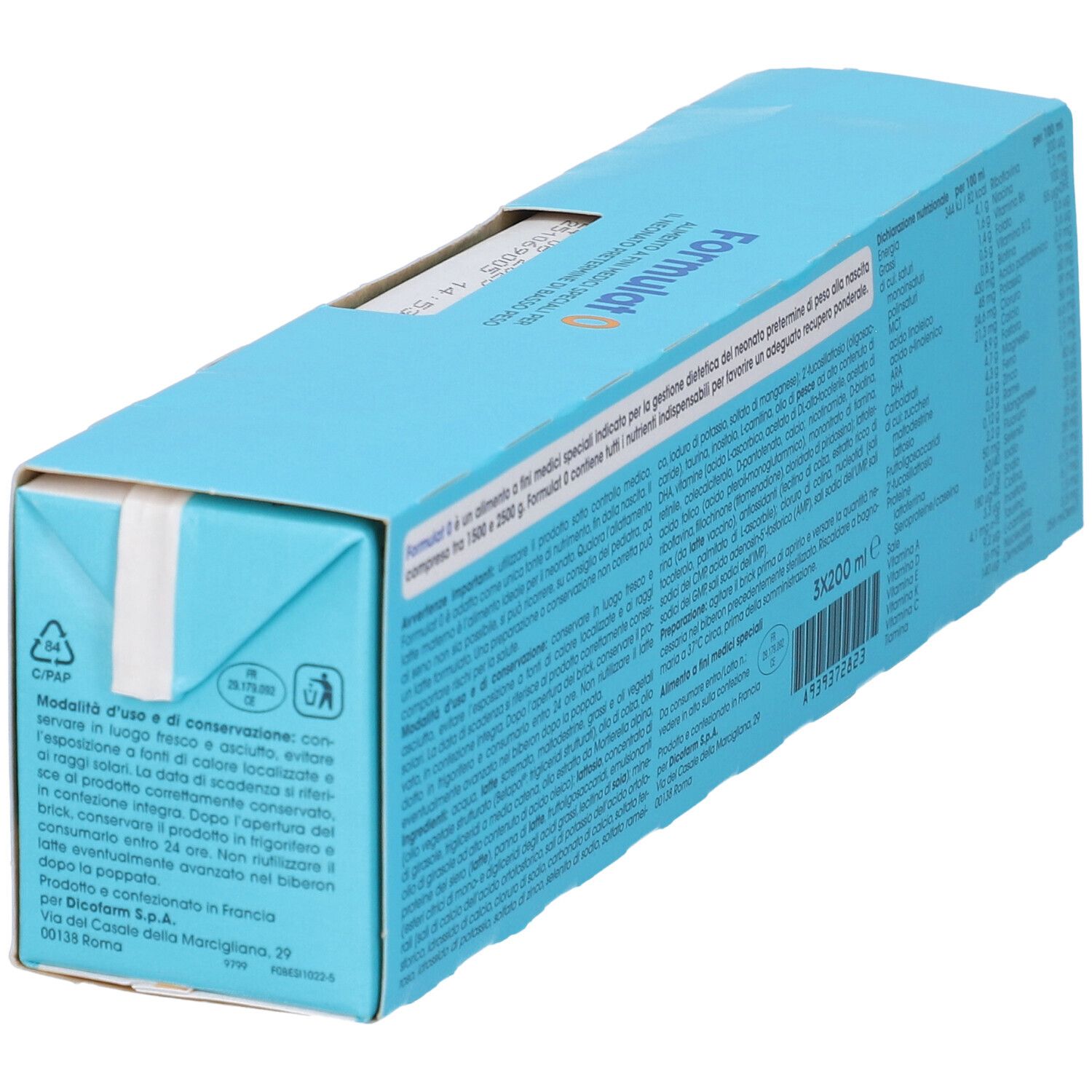 Confezione azzurra con testo e informazioni. Contiene 3x200 ml. Marchio: Dicofarm. Vista posteriore.