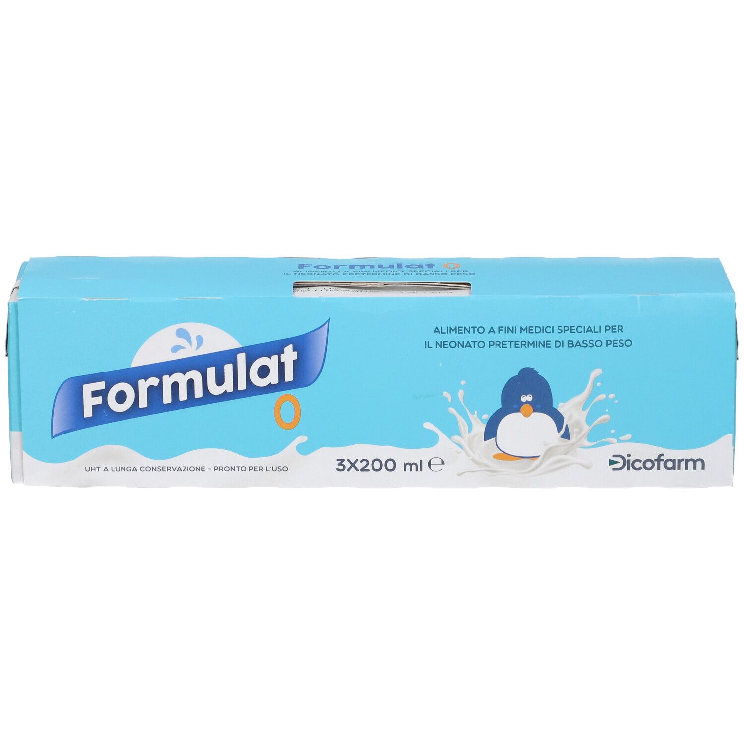 Confezione azzurra con logo "Formulat 0", illustrazione pinguino e testo. Contiene 3x200 ml. Marchio: Dicofarm.