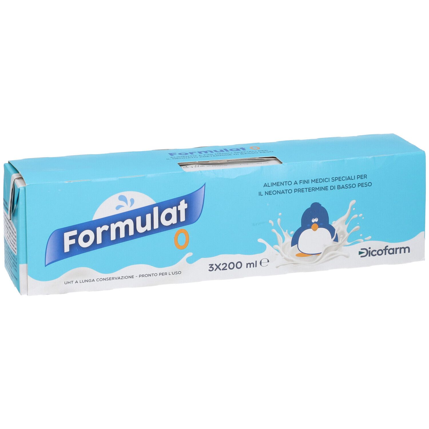 Confezione azzurra con logo "Formulat 0", illustrazione pinguino e testo. Contiene 3x200 ml. Marchio: Dicofarm.
